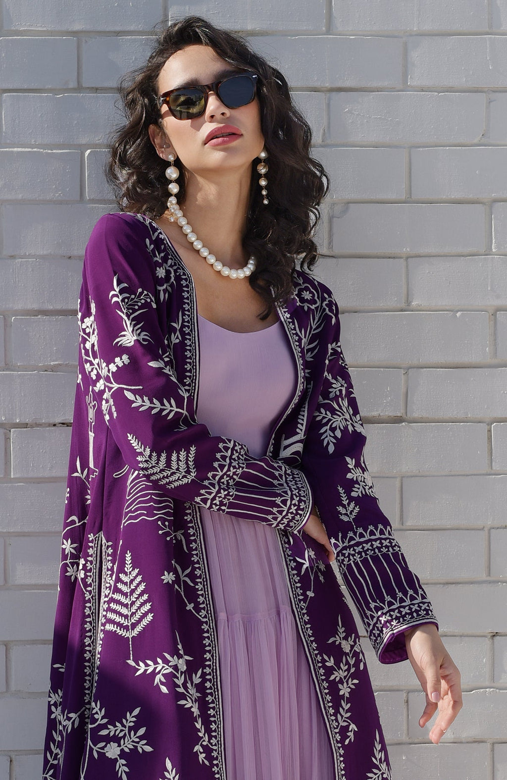 Purple jacket with ivory Parsi Gara embroidery and detailed borders on hems and sleeves