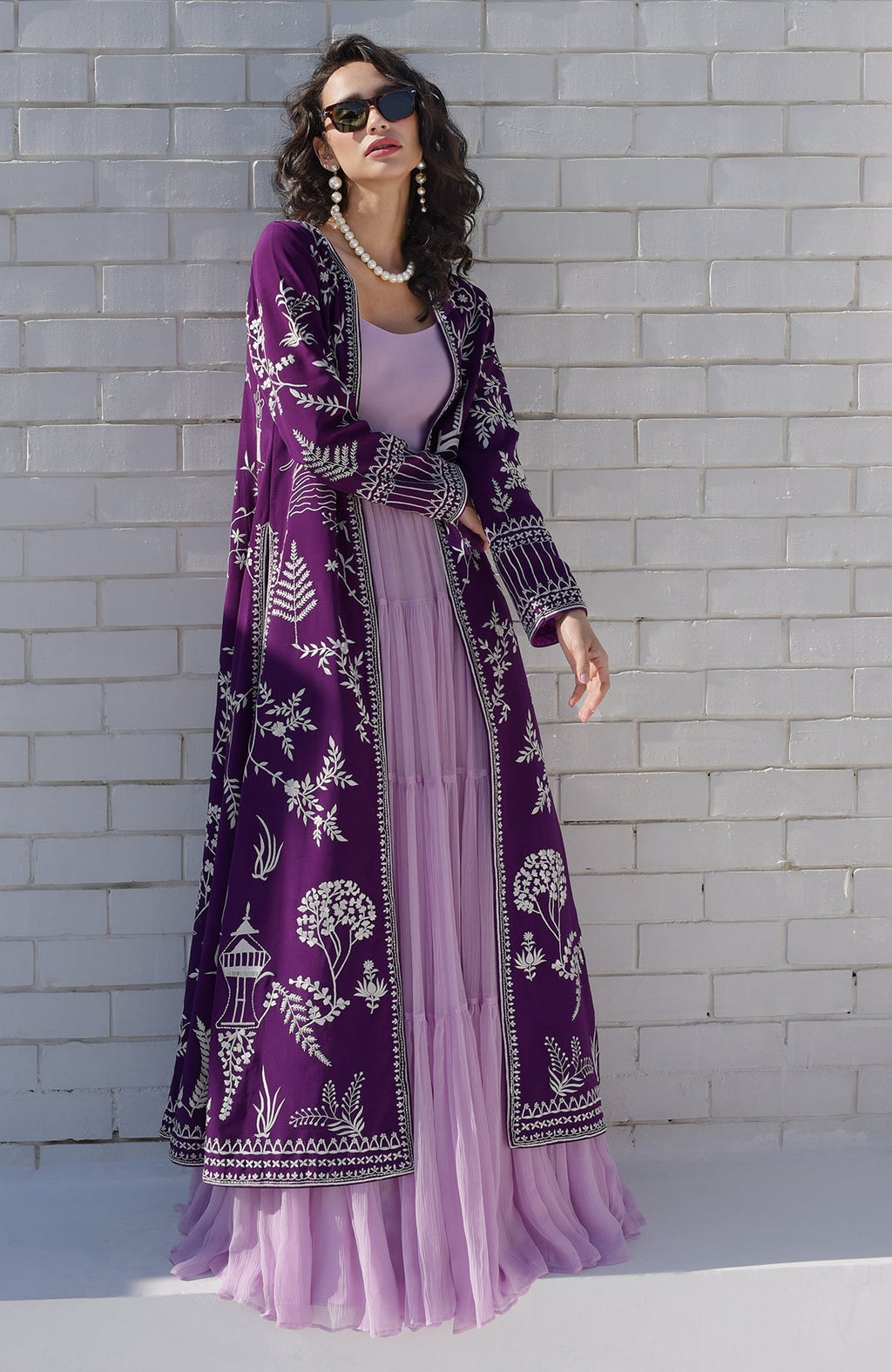 Purple Parsi Gara jacket with ivory embroidered motifs and detailed borders on hems and sleeves
