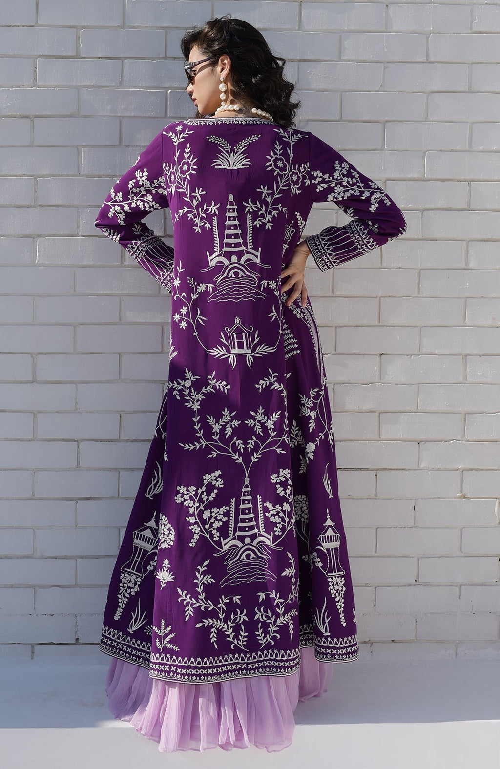Purple jacket with ivory Parsi Gara embroidery and detailed borders on hems and sleeves