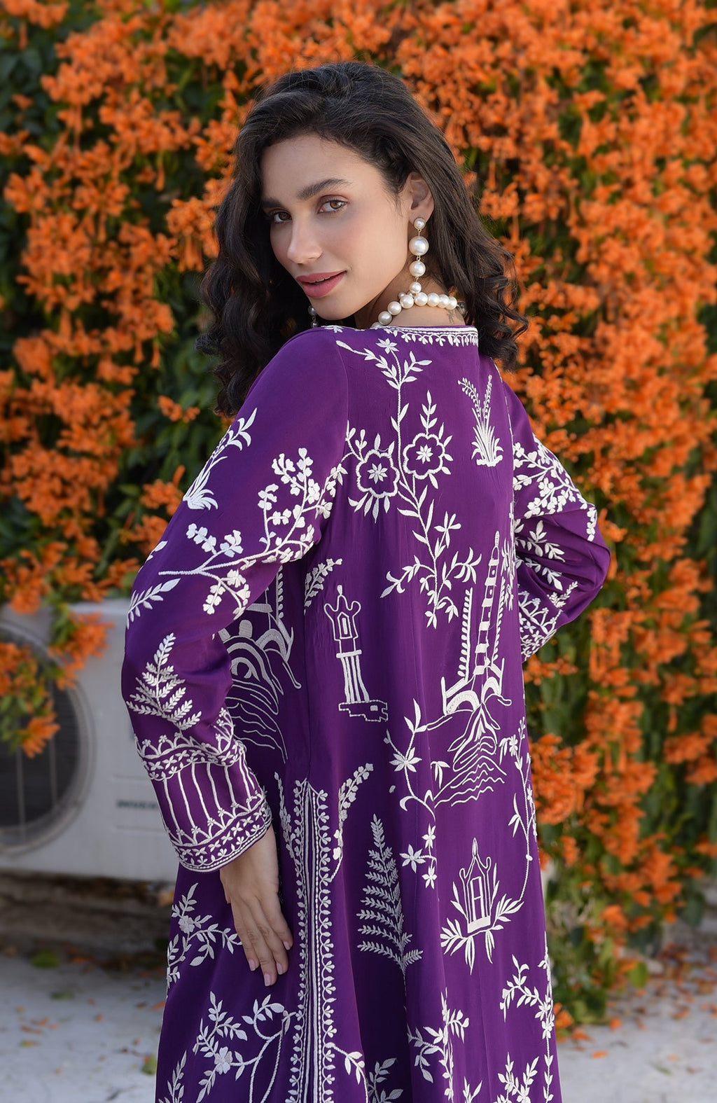 Purple jacket with ivory Parsi Gara embroidery and detailed borders on hems and sleeves