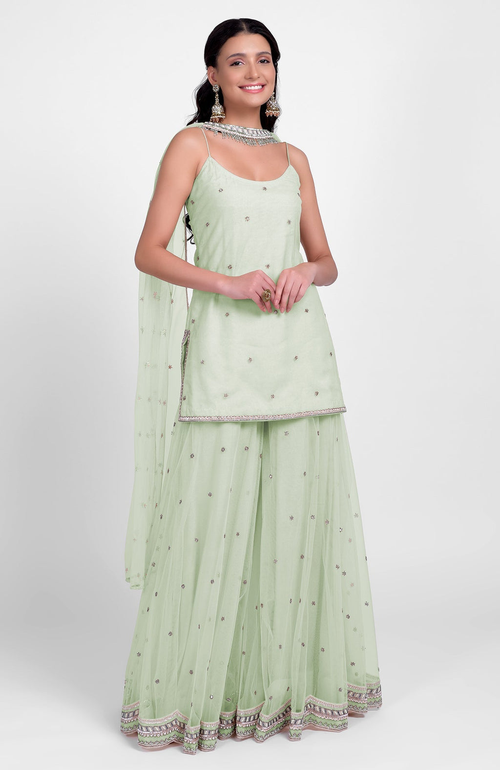 Sage green sharara set with bead sequin embroidery and flared tulle kurta and dupatta