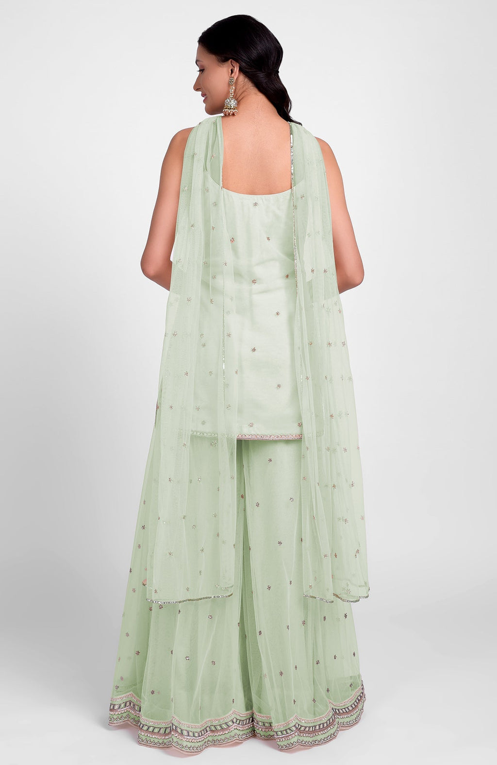 Sage green sharara set with bead sequins, hand embroidery, and tulle dupatta with jeweled choker.