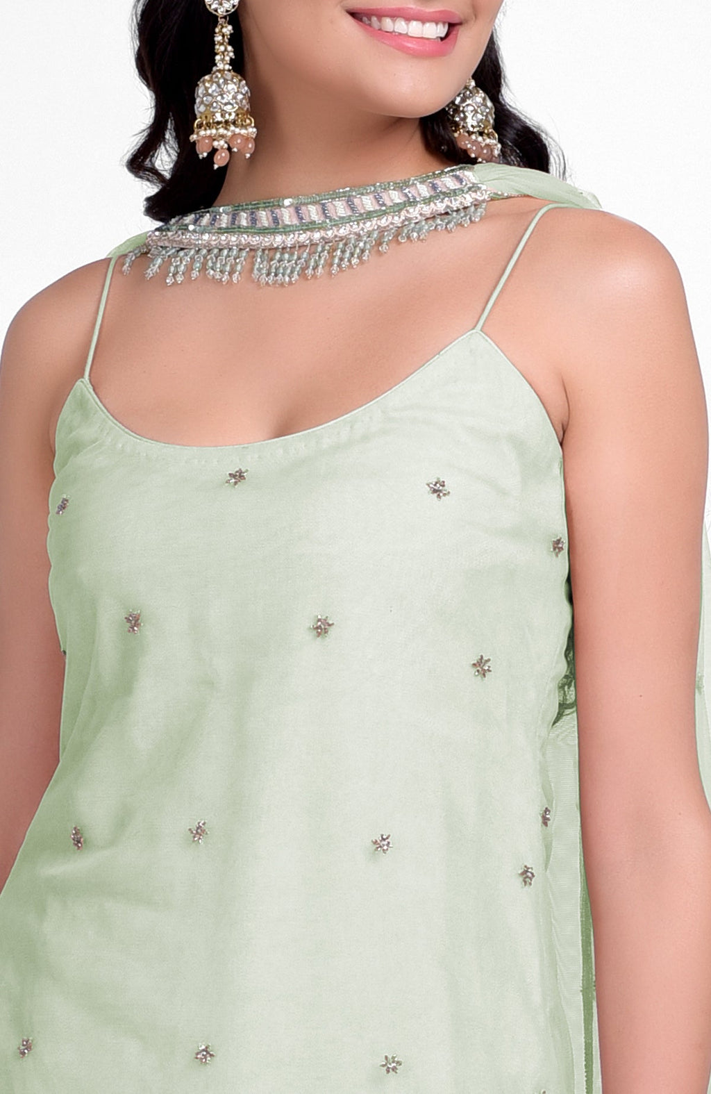 Sage green sharara set with bead sequins, hand embroidery, and tulle dupatta with jeweled choker.