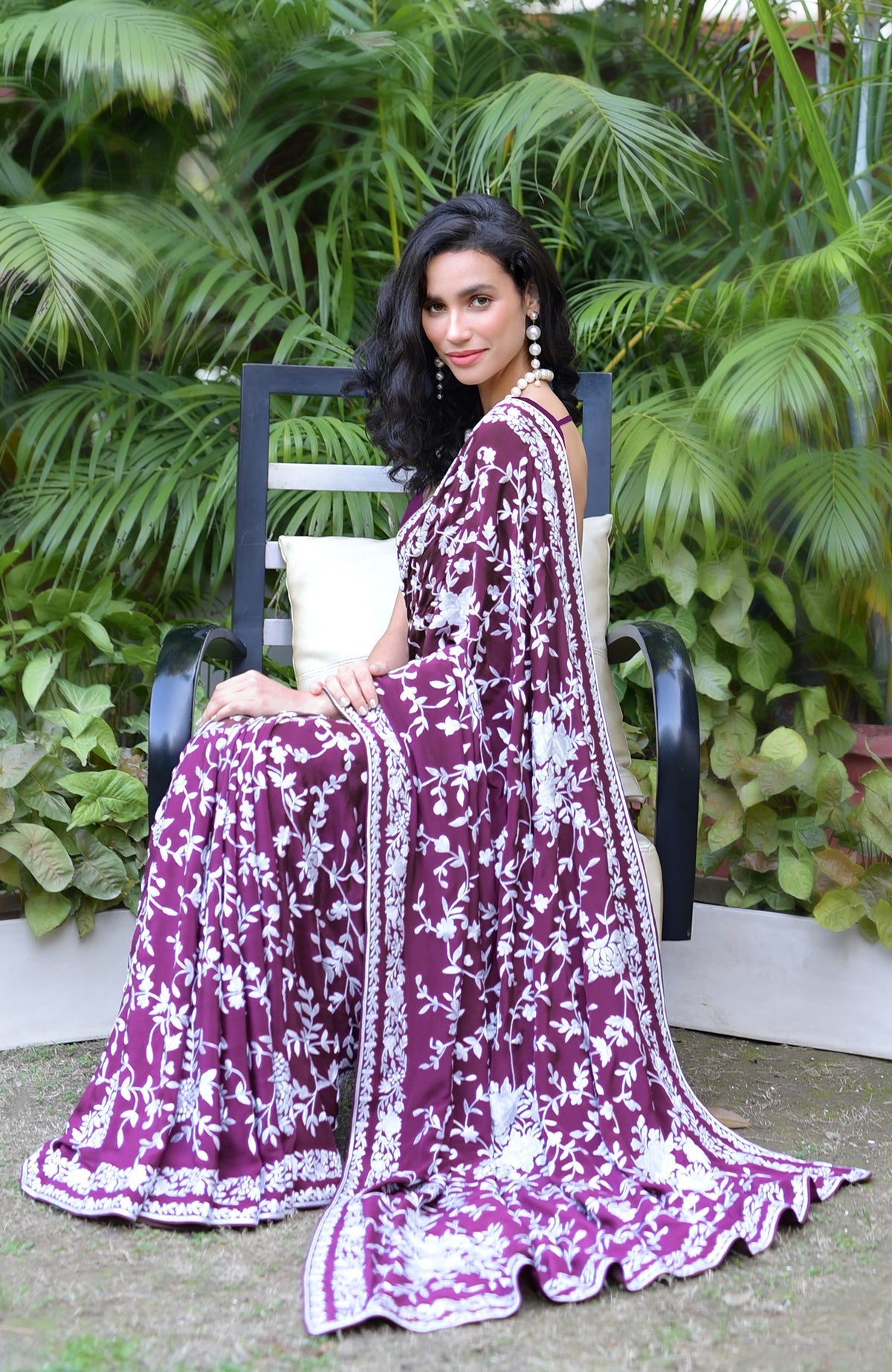 Purple saree with white hand-embroidered Parsi Gara floral double borders and matching blouse piece