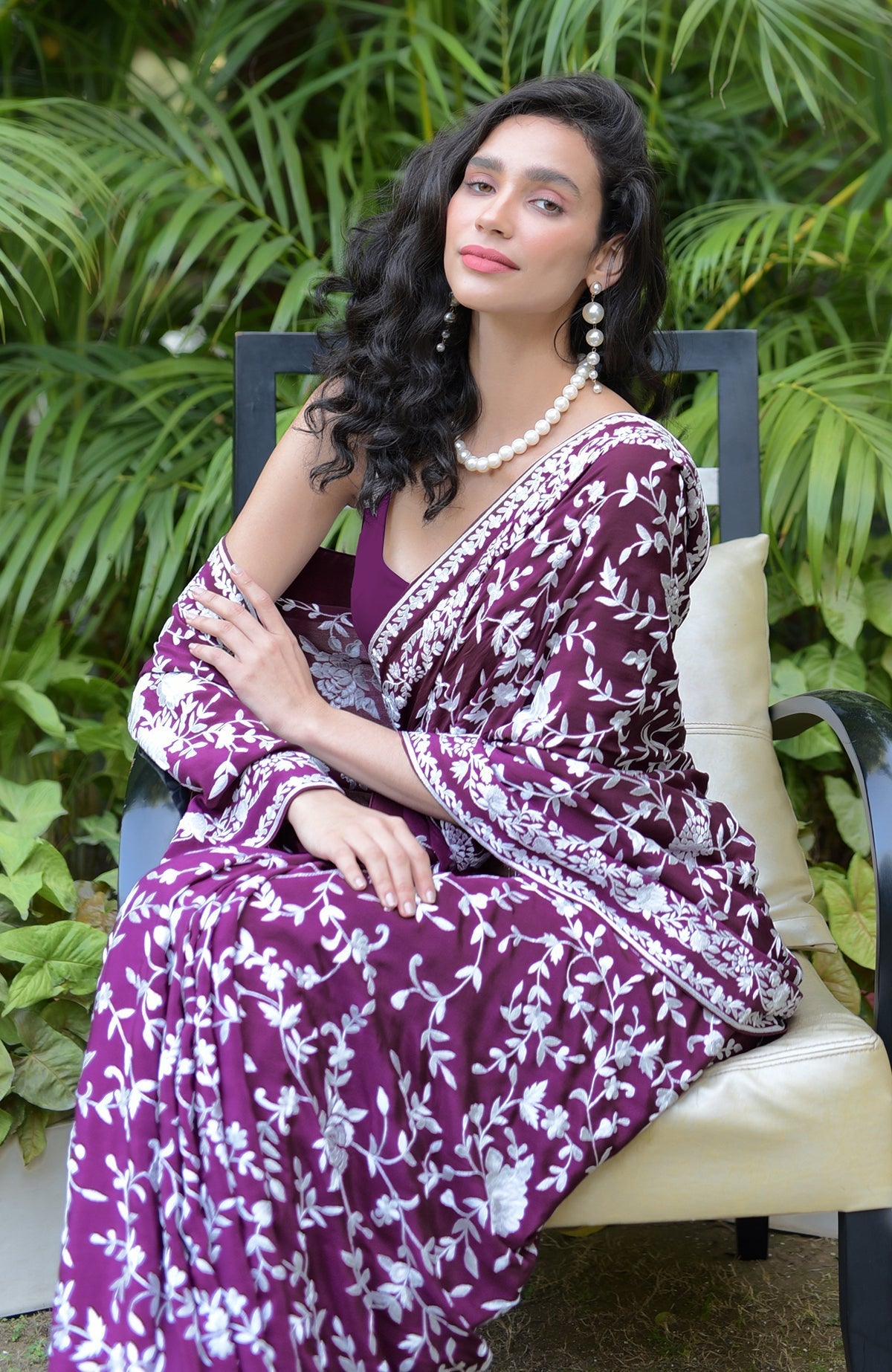 Purple saree with white floral hand-embroidered Parsi Gara and matching blouse piece borders