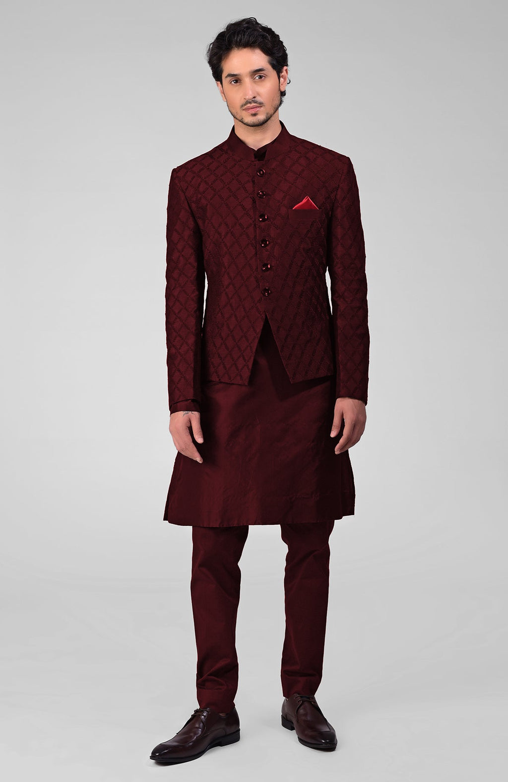 Maroon raw silk bandhgala jacket with geometric floral embroidery all over