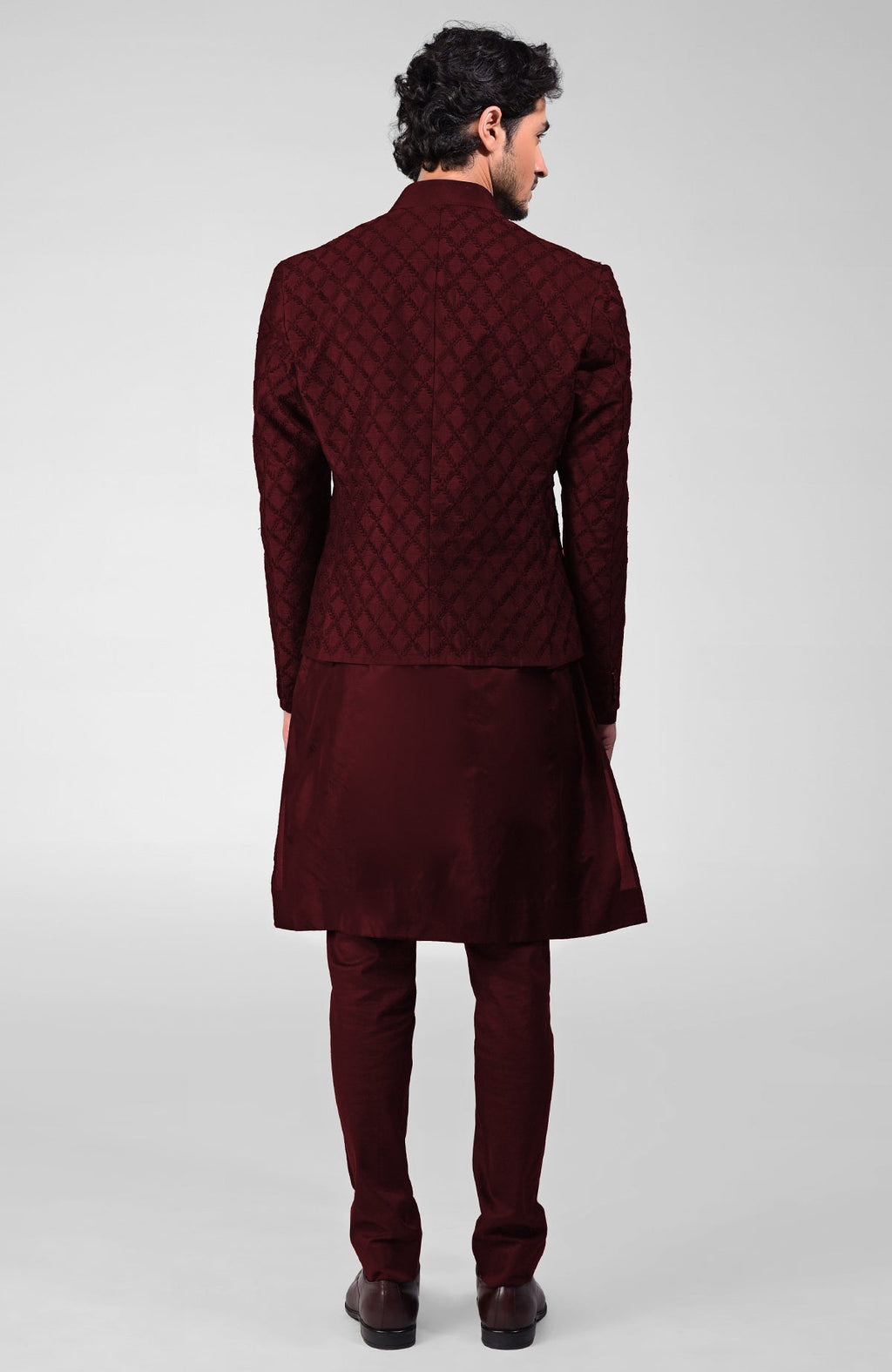 Maroon raw silk bandhgala jacket with geometric floral embroidery all over