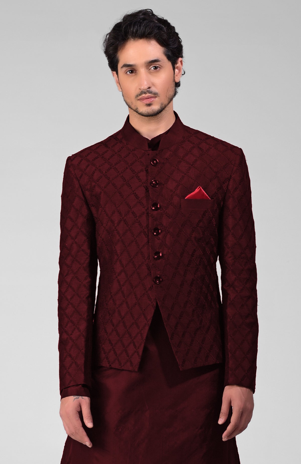 Maroon silk Bandhgala jacket with intricate chikankari floral embroidery and matching kurta and pants set