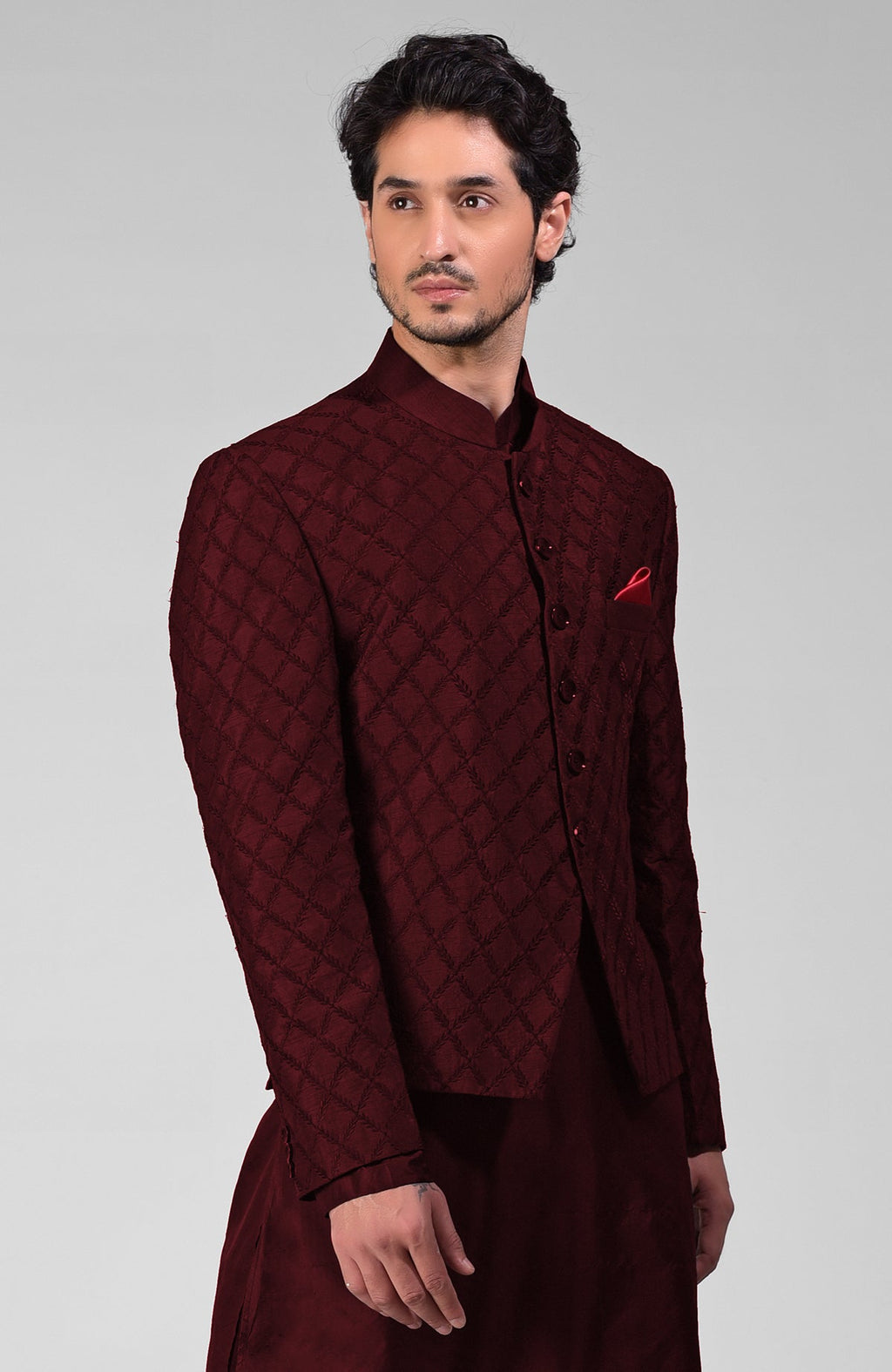 Maroon raw silk bandhgala jacket with geometric floral embroidery all over