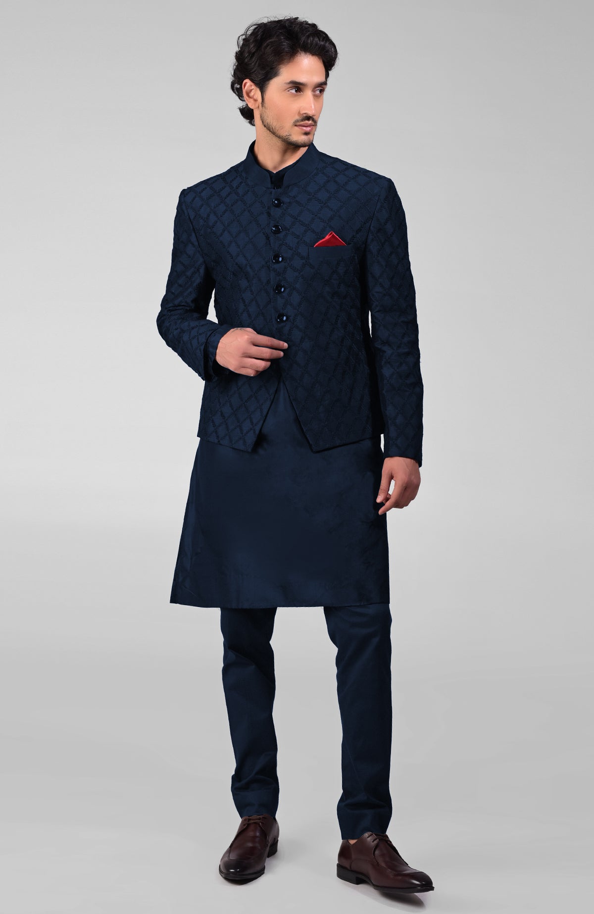 Black raw silk bandhgala jacket with geometric floral embroidery all over.