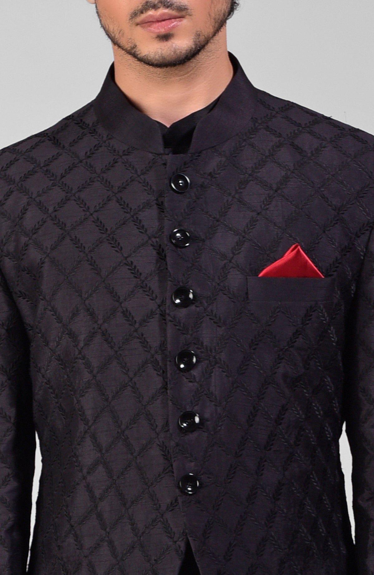 Black raw silk bandhgala jacket with geometric floral embroidery all over