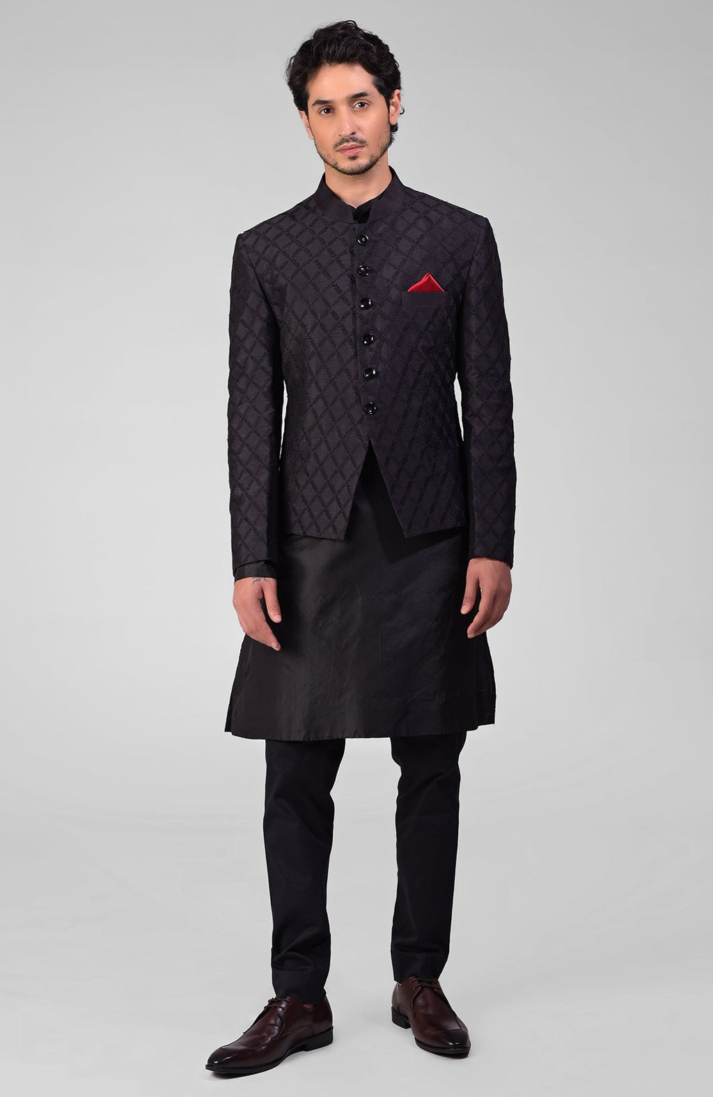 Black raw silk bandhgala jacket with geometric floral embroidery all over