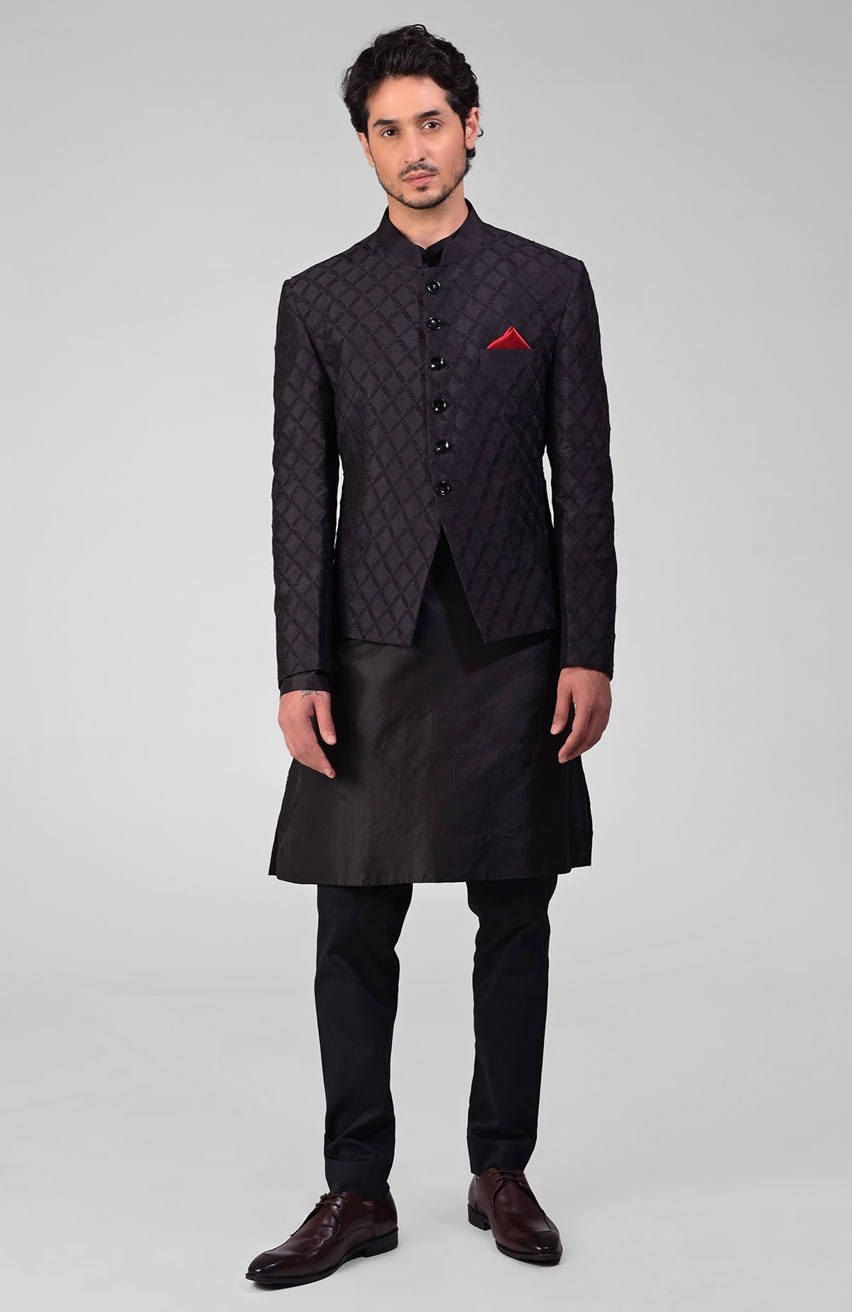 Wine-colored raw silk bandhgala jacket with geometric floral embroidery all over.