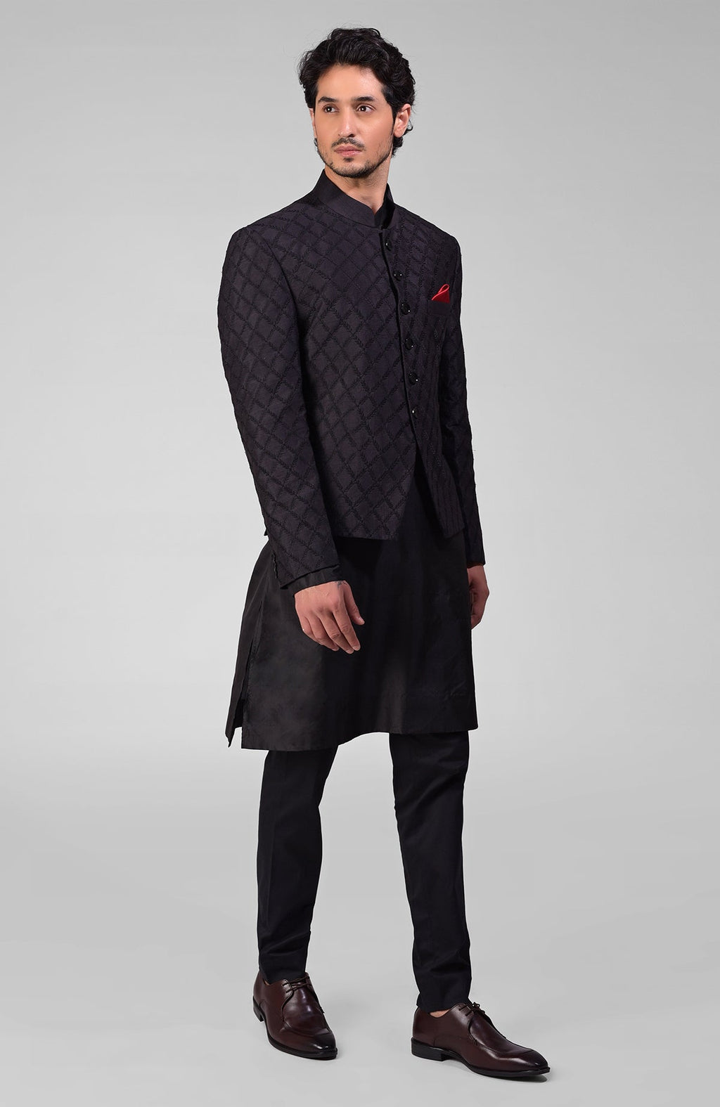 Black raw silk bandhgala jacket with geometric floral embroidery all over.