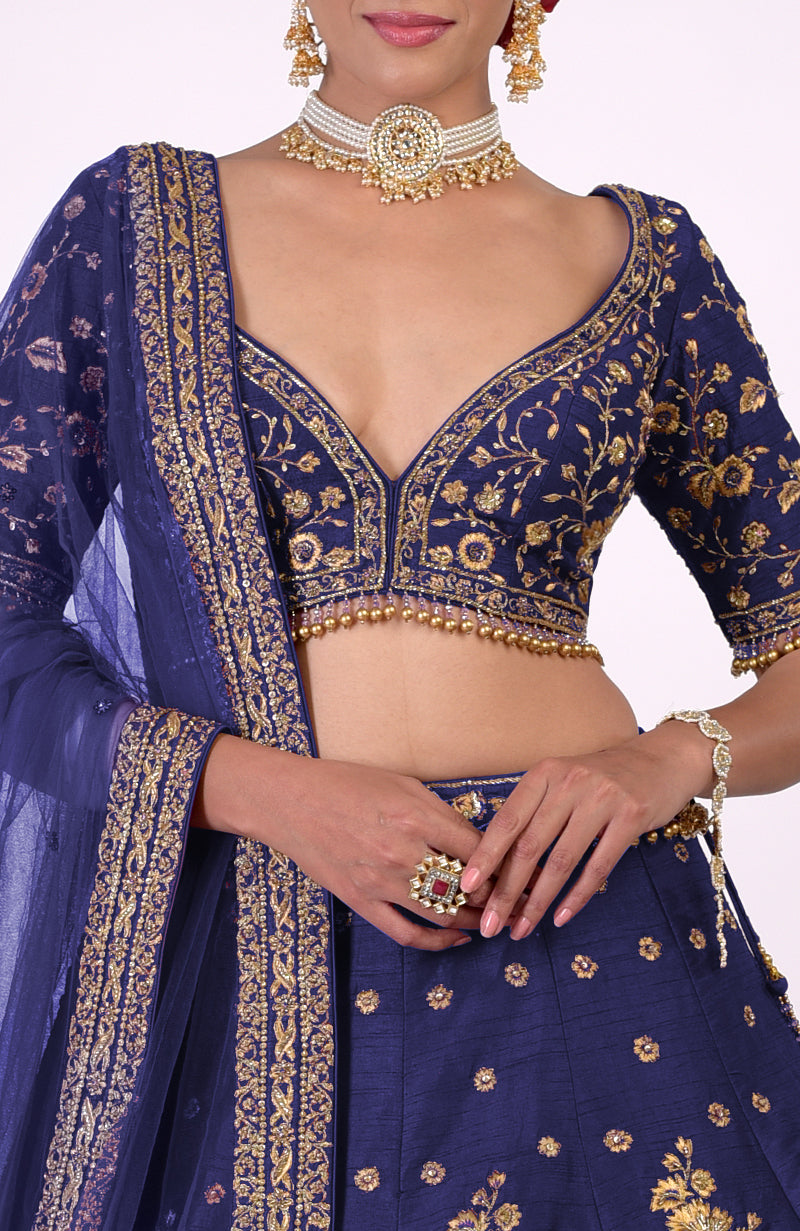 Blue lehenga set with gold embroidery, a deep V-neck blouse, and a pearl choker.