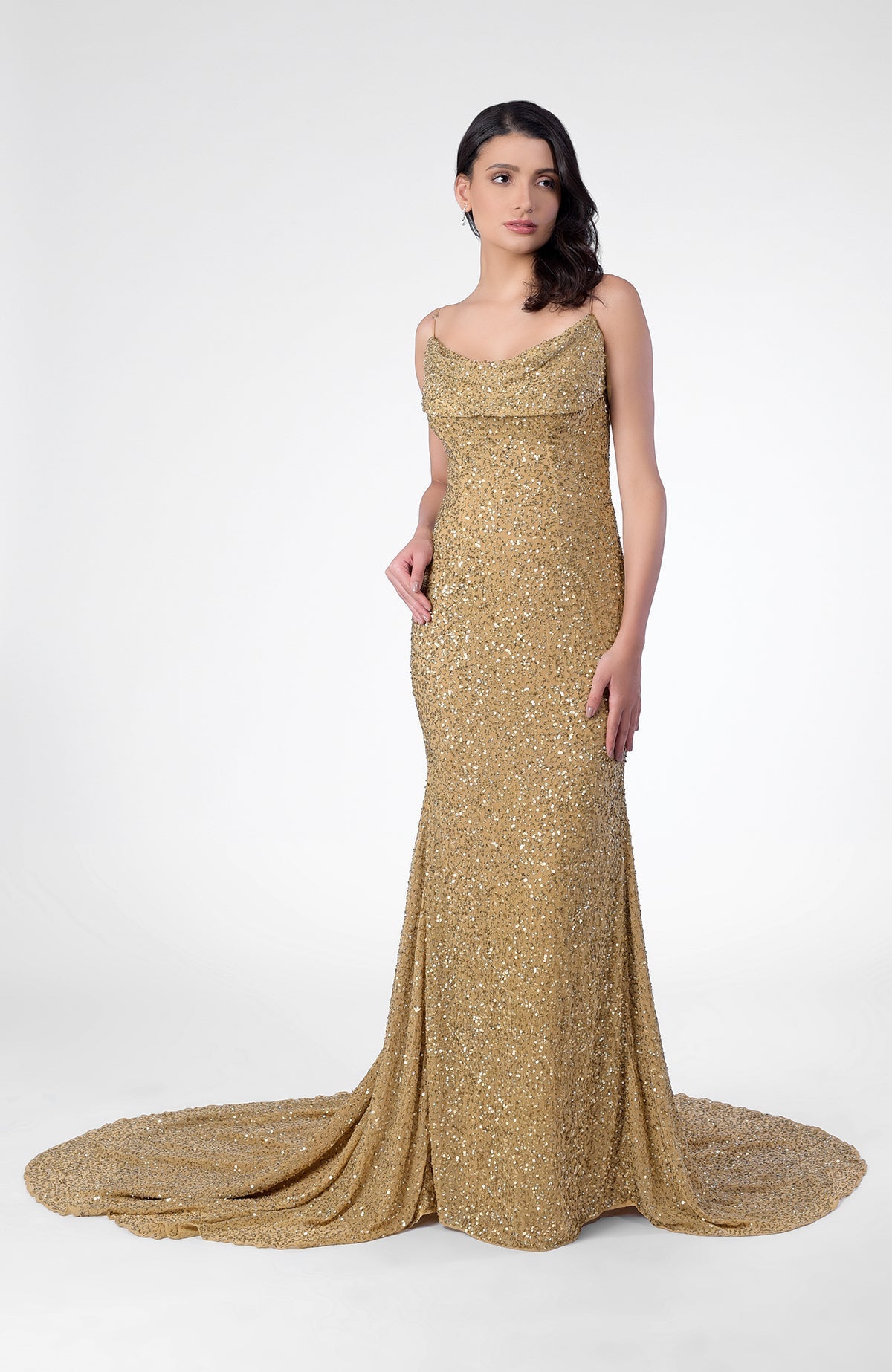 Gold hand-embroidered chiffon mermaid gown with cowl neck, noodle straps, and open back.