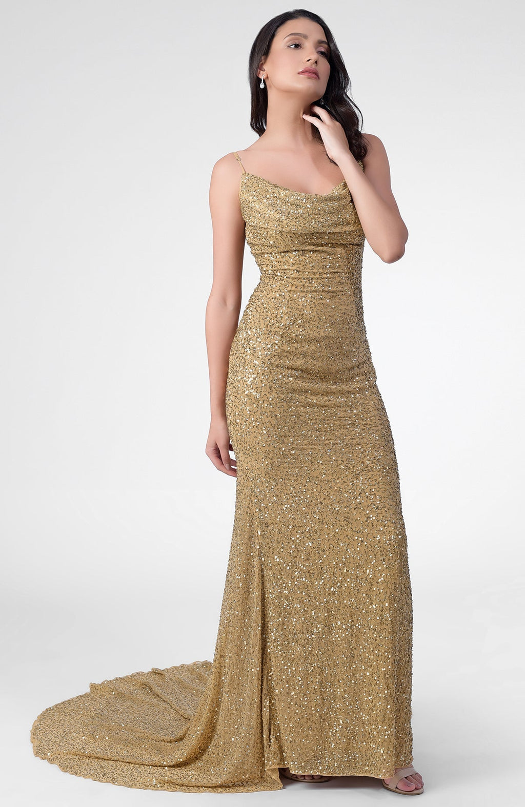 Gold hand-embroidered chiffon mermaid gown with cowl neck and open back details