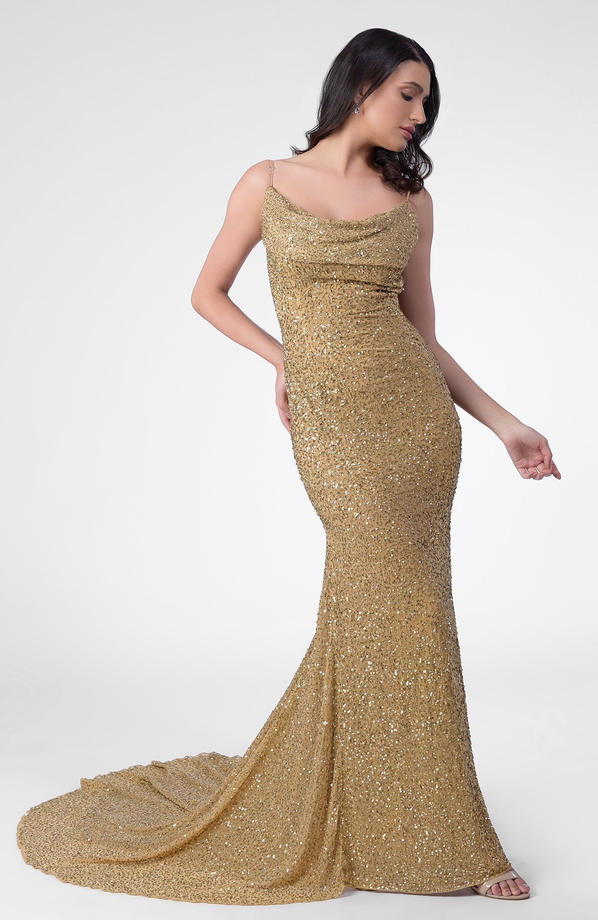 Gold hand-embroidered chiffon mermaid gown with cowl neck, noodle straps, and open back.