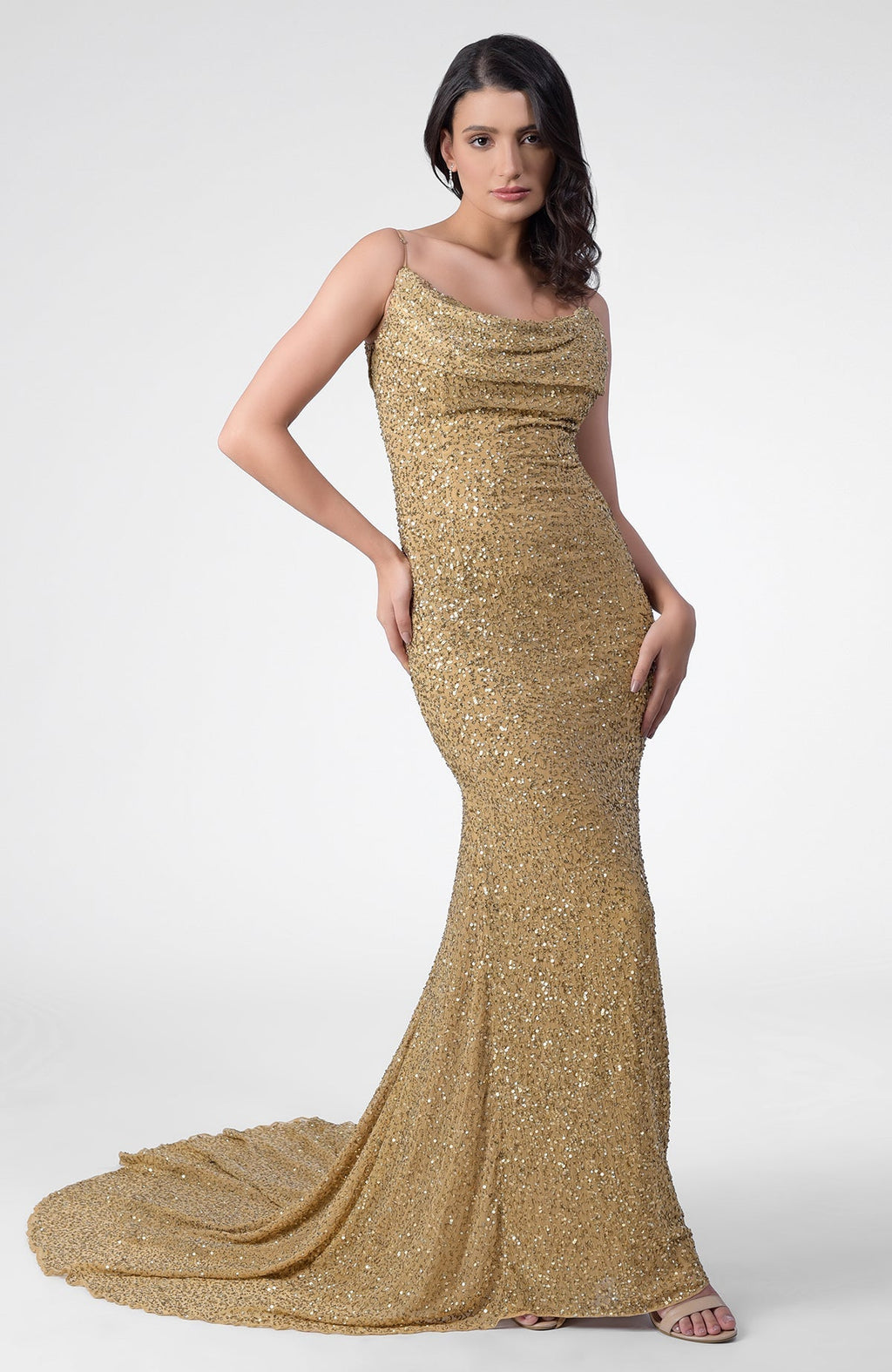 Gold hand-embroidered chiffon mermaid gown with cowl neck and open back details