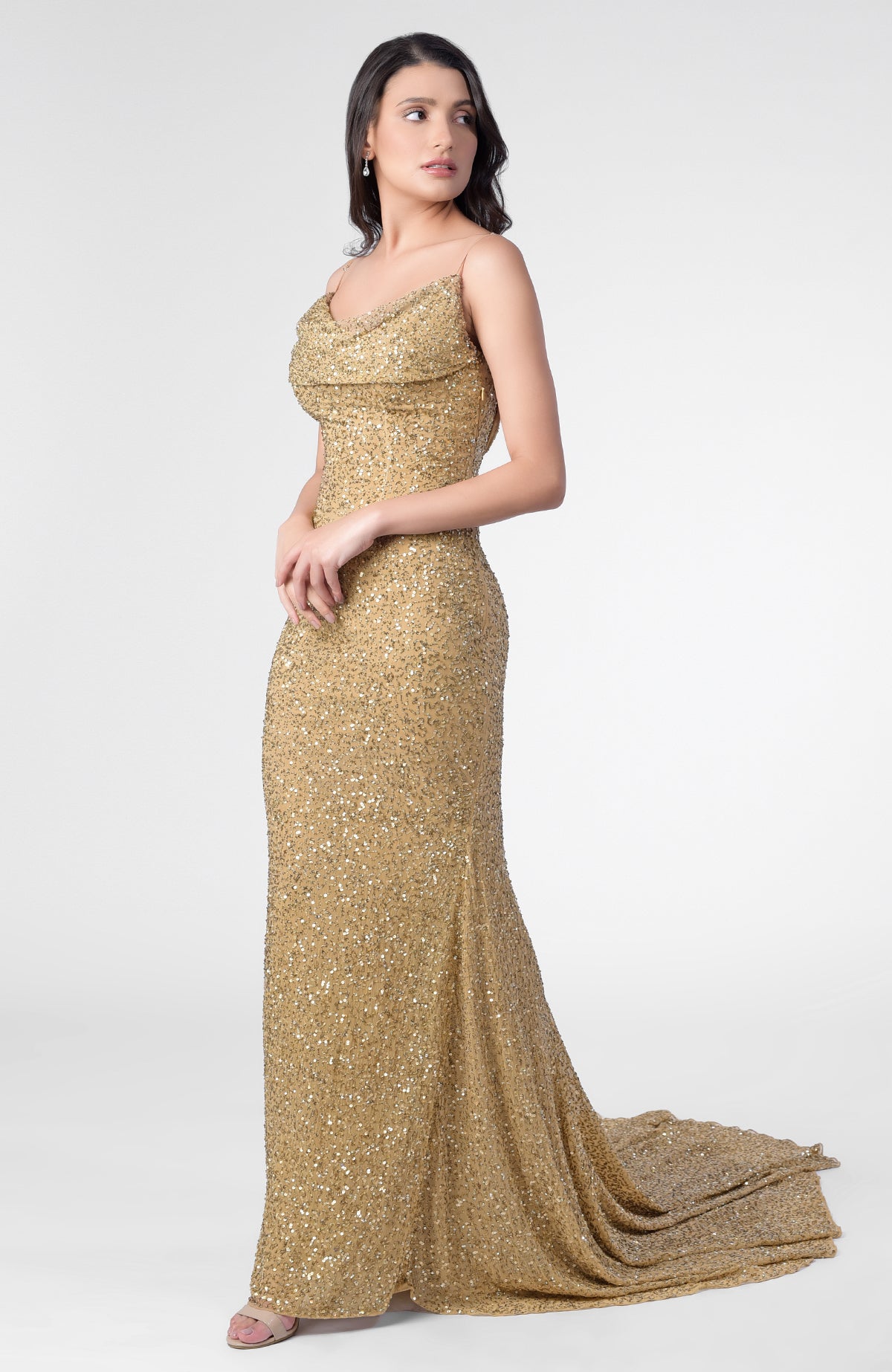 Gold hand-embroidered chiffon mermaid gown with cowl neck and open back details