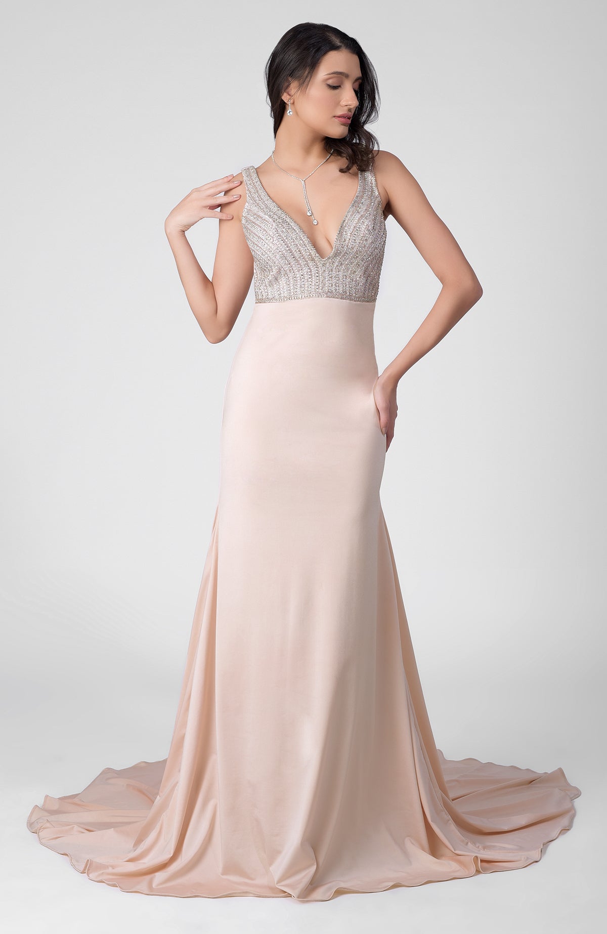 Pink mermaid gown with pearl bead and crystal hand embroidery and sweetheart neckline