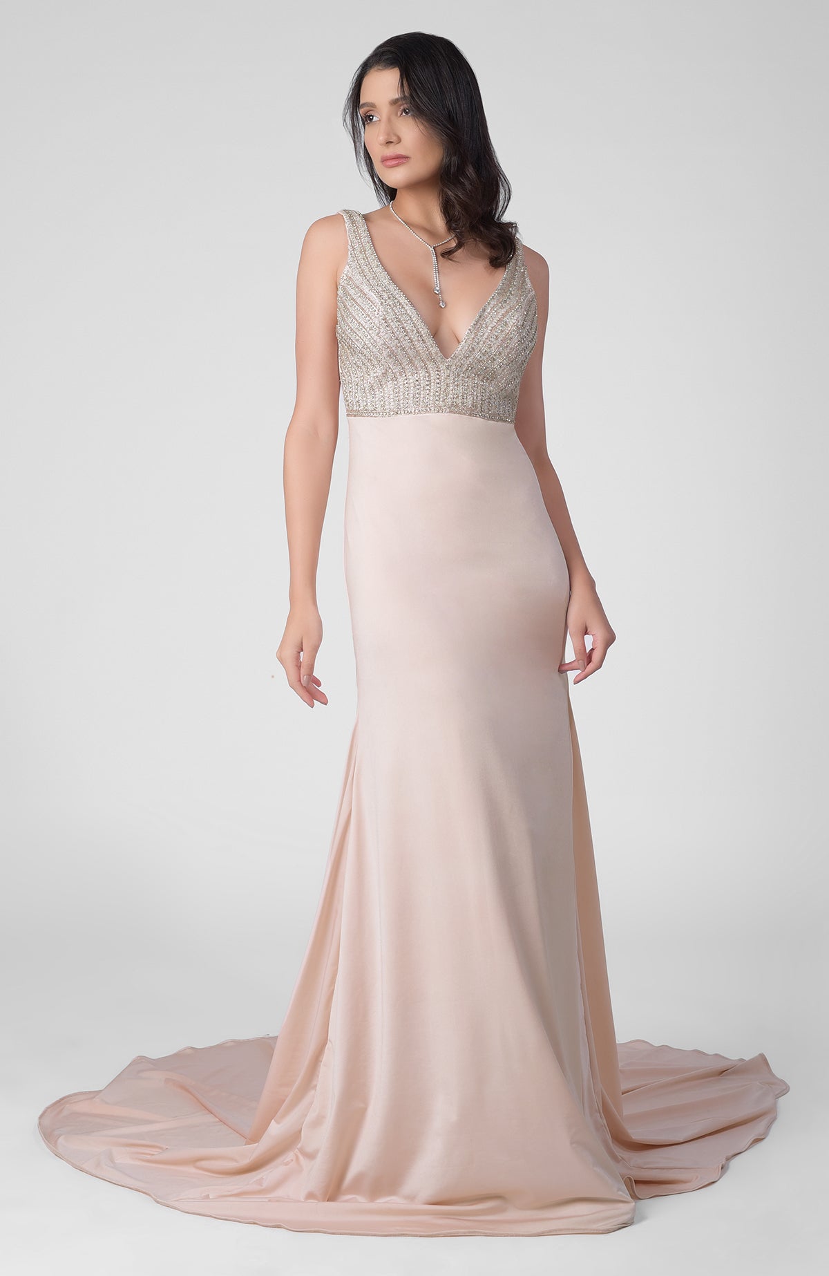 Pink mermaid gown with pearl bead and crystal hand embroidery and sweetheart neckline
