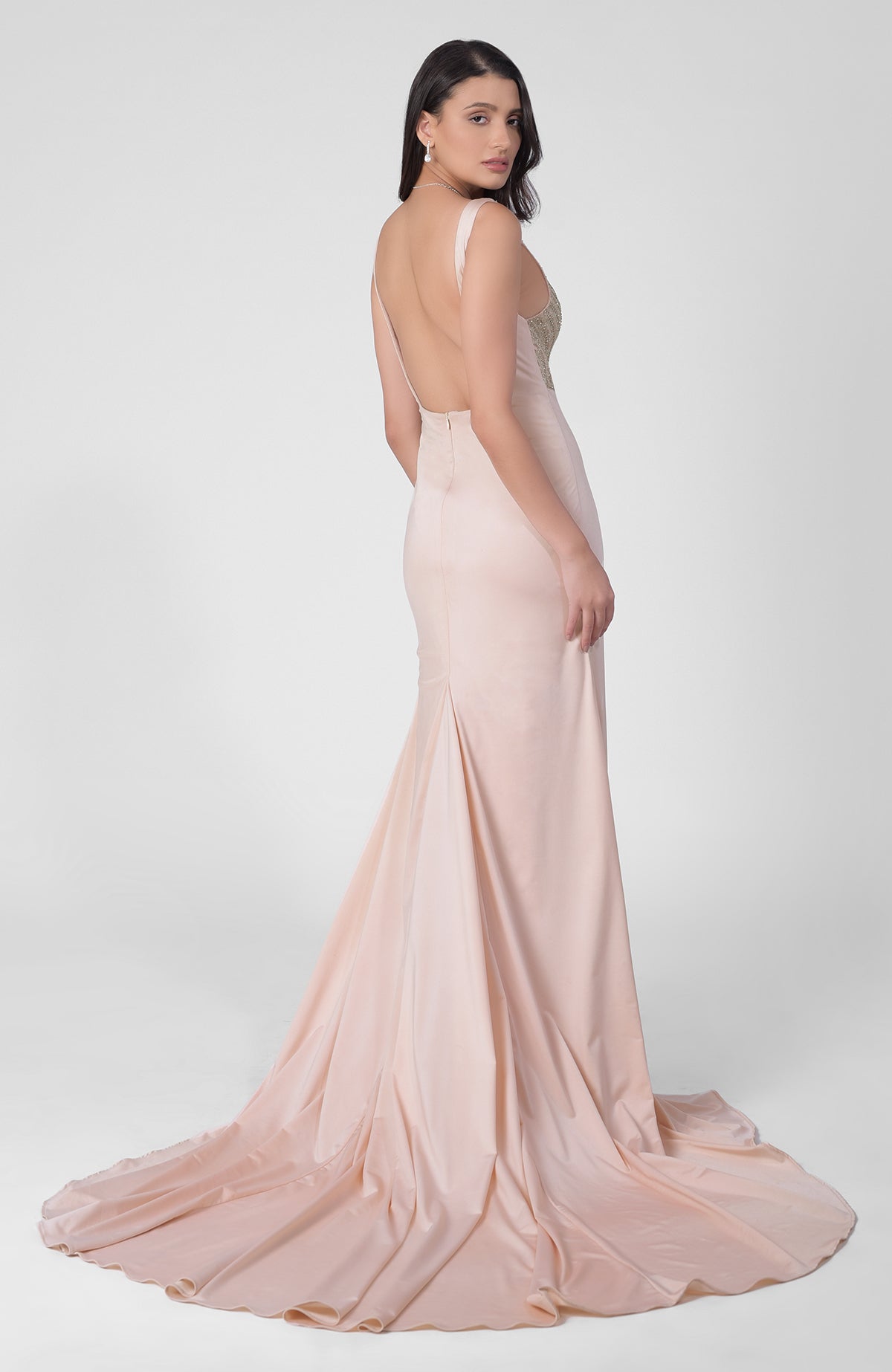 Pink mermaid gown with pearl bead and crystal hand embroidery and sweetheart neckline