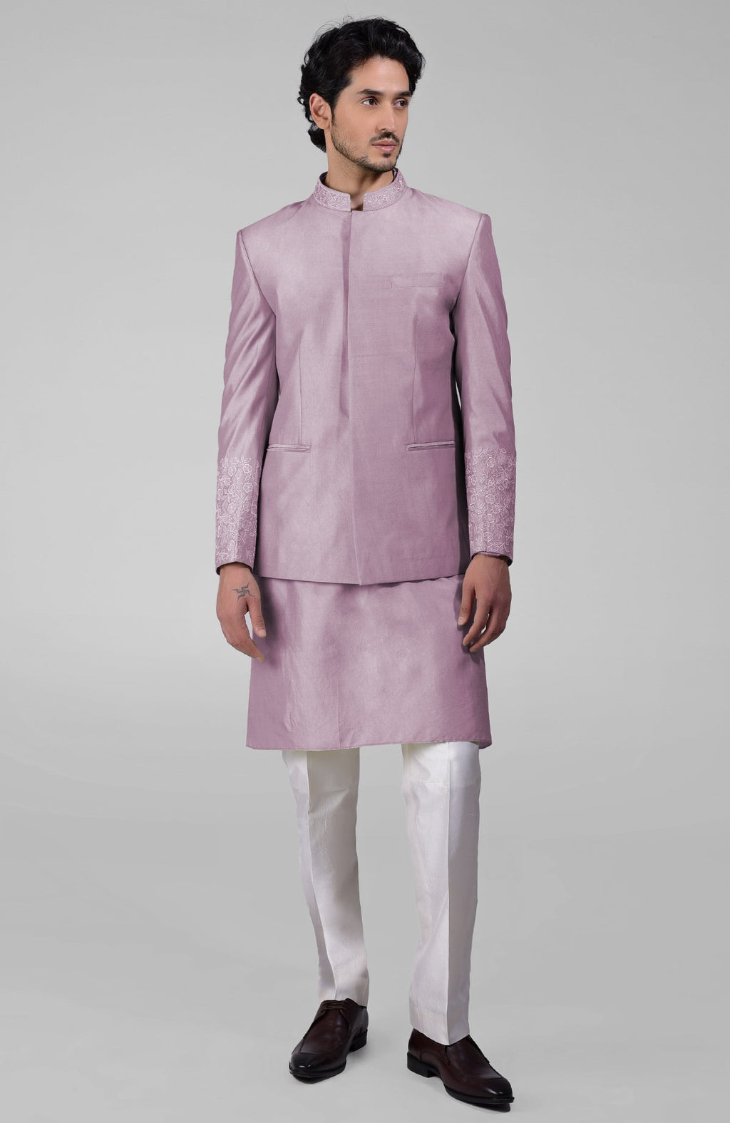 Elderberry silk three-piece set with embroidered bandhgala jacket, kurta, and pants.