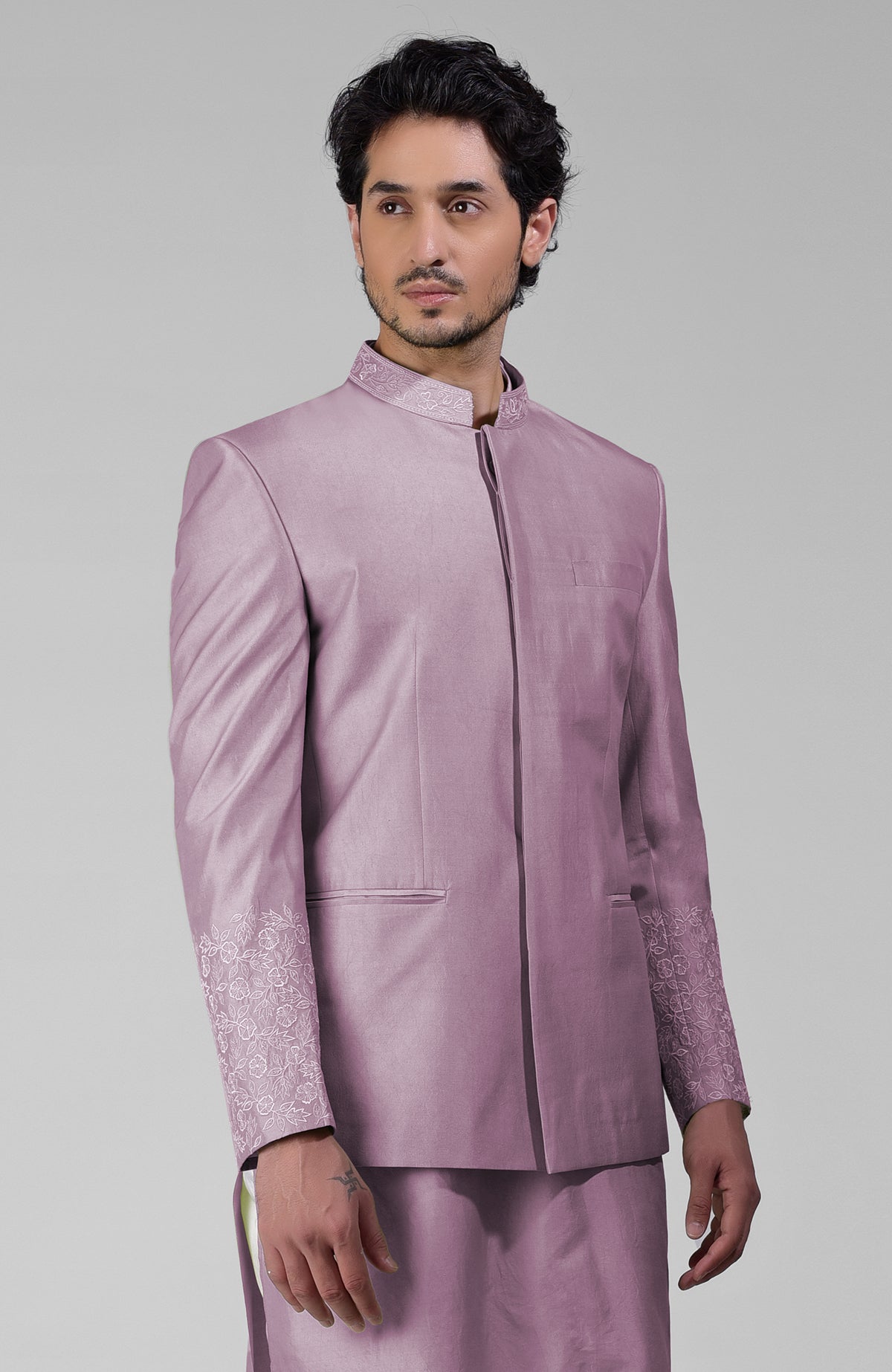 Elderberry silk three-piece set with embroidered bandhgala jacket, kurta, and pants.