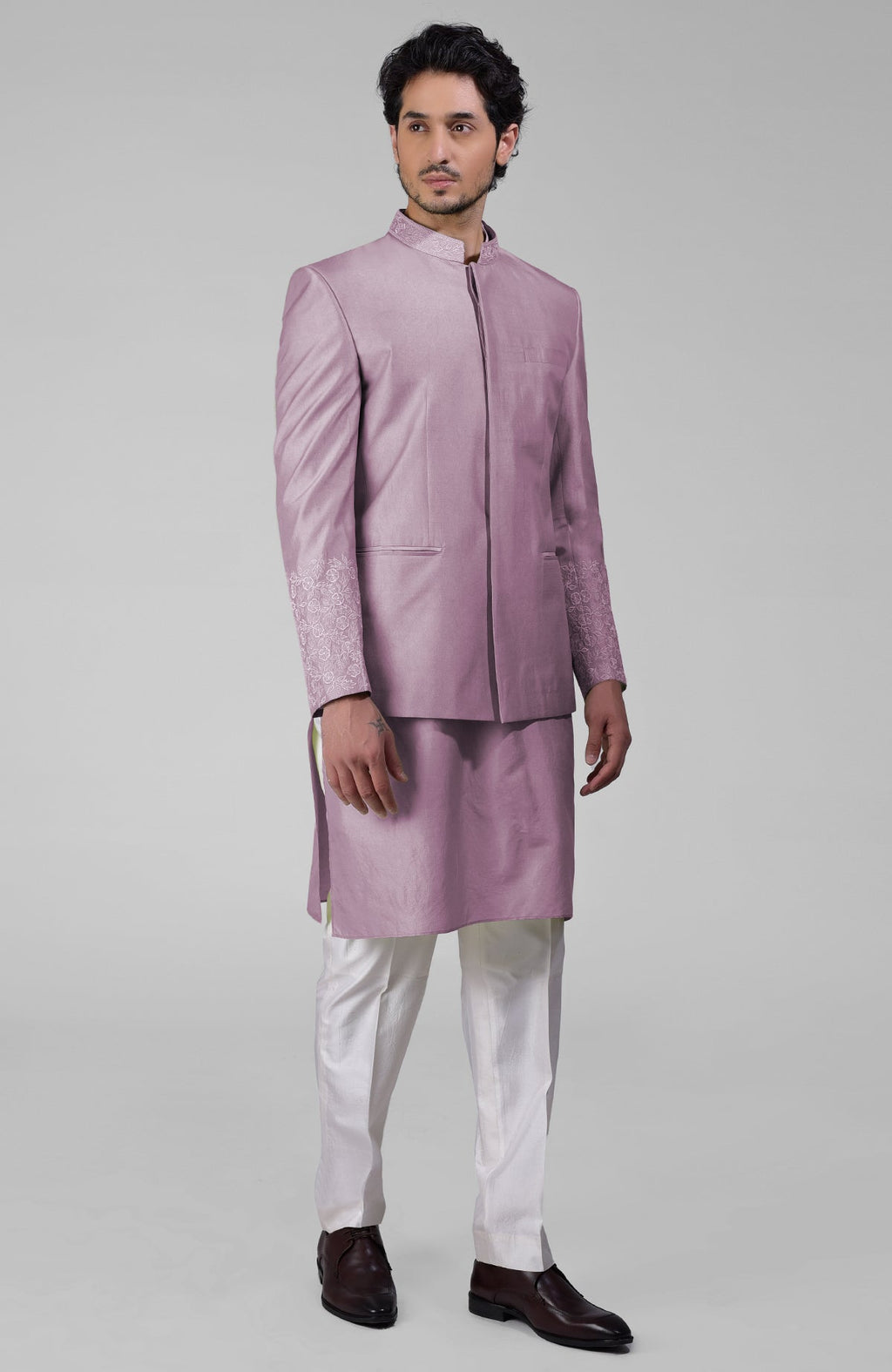 Elderberry silk three-piece set with embroidered bandhgala jacket, kurta, and pants.