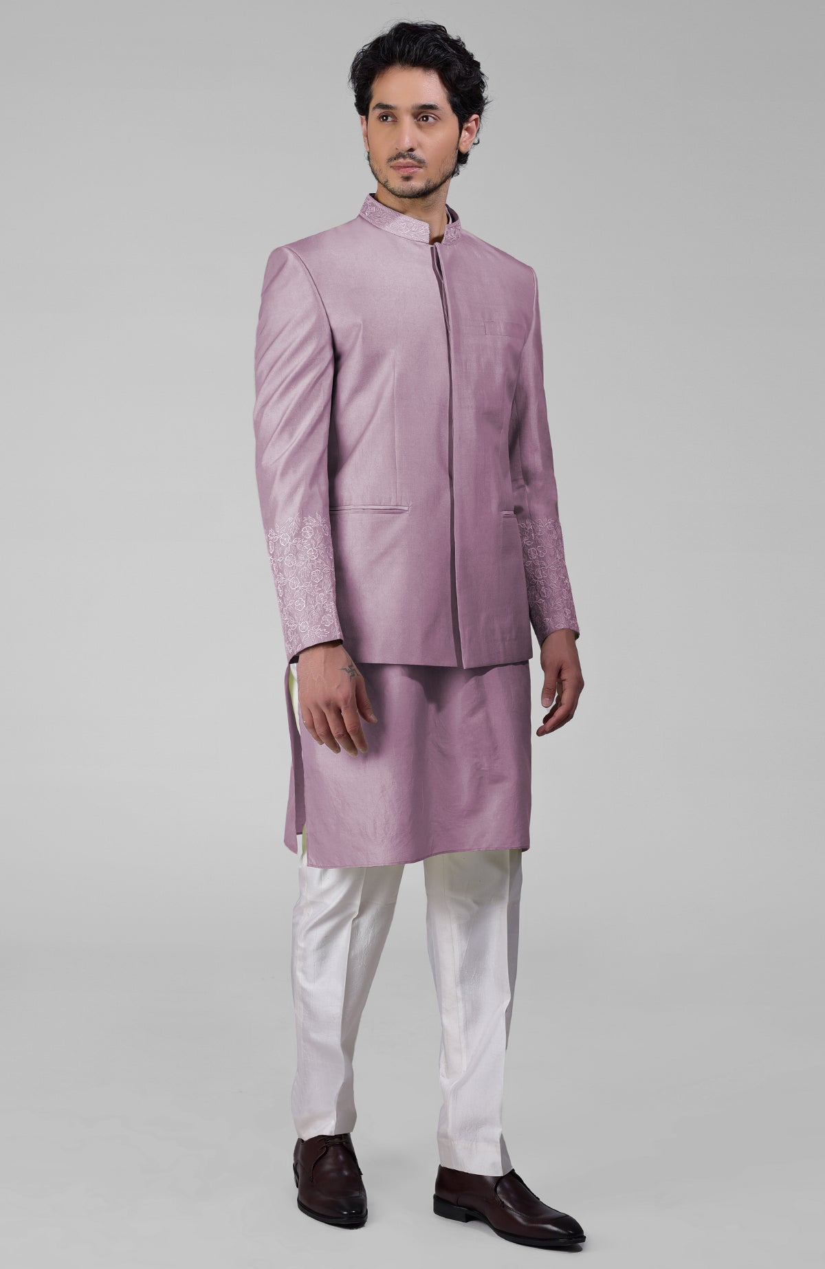 Elderberry silk three-piece set with embroidered bandhgala jacket, kurta, and pants.
