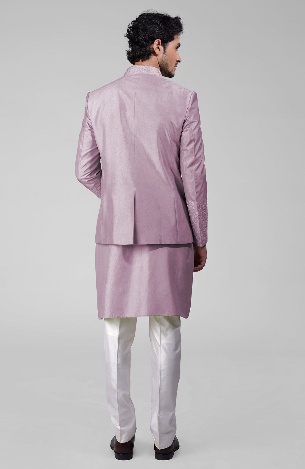 Elderberry silk three-piece set with embroidered bandhgala jacket, kurta, and pants.