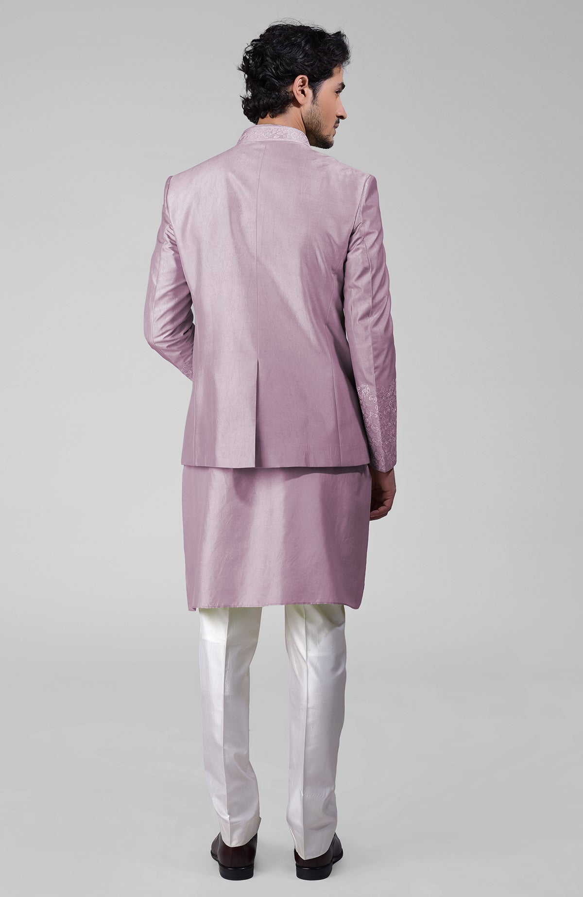 Elderberry silk three-piece set with embroidered bandhgala jacket, kurta, and pants.