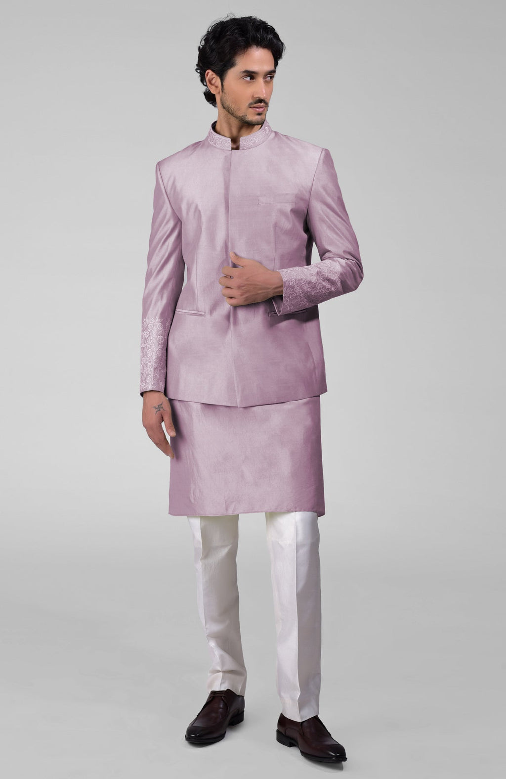 Elderberry silk three-piece set with embroidered bandhgala jacket, kurta, and pants.