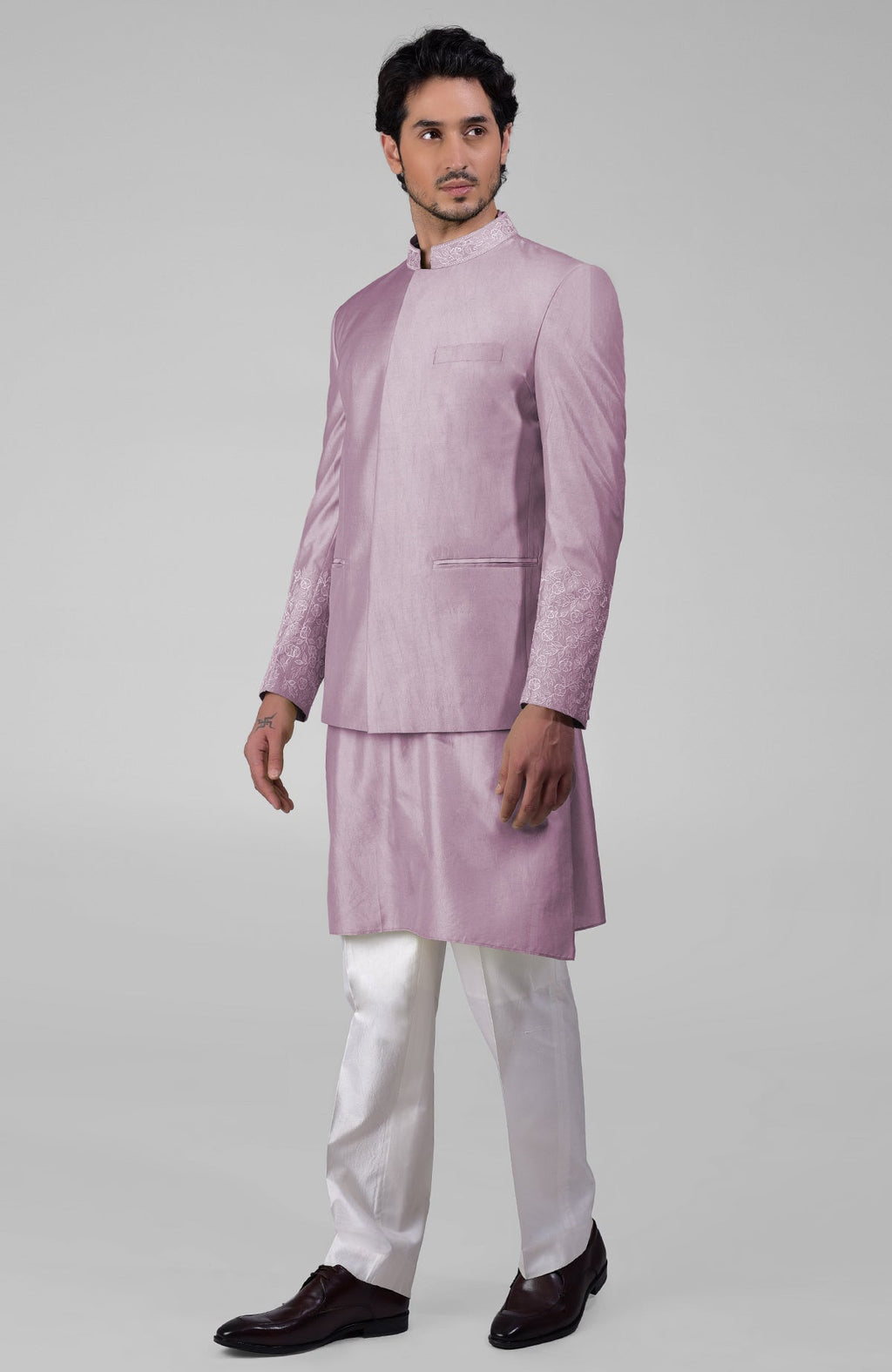 Elderberry silk three-piece set with embroidered bandhgala jacket, kurta, and pants.