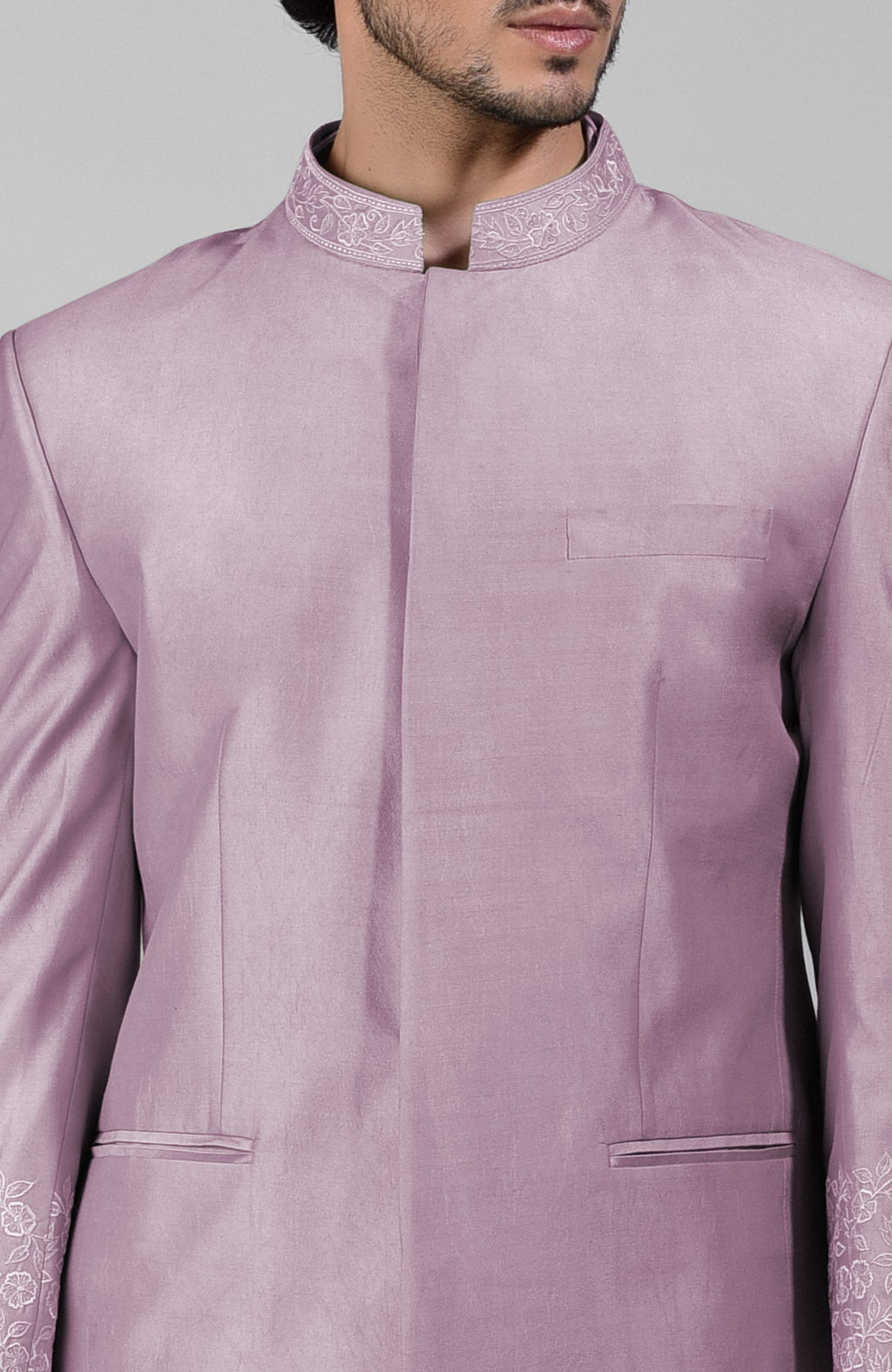 Elderberry silk three-piece set with embroidered bandhgala jacket, kurta, and pants.