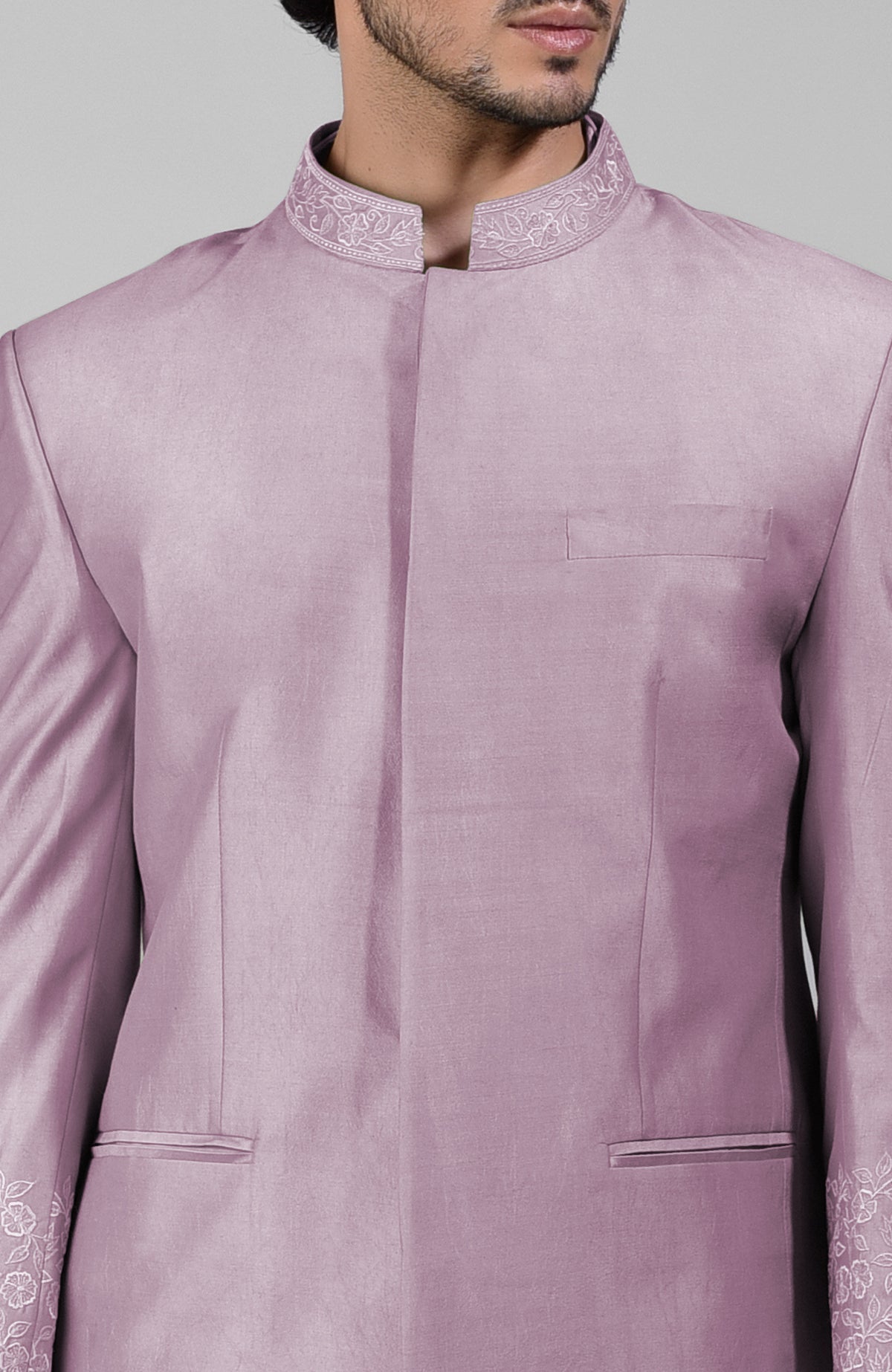 Elderberry silk three-piece set with embroidered bandhgala jacket, kurta, and pants.