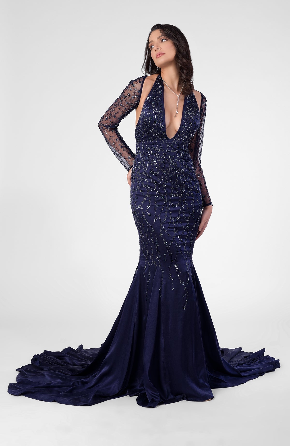 Moonlight mermaid gown with hand embroidery, detachable sheer sleeves, deep V front, and open back.