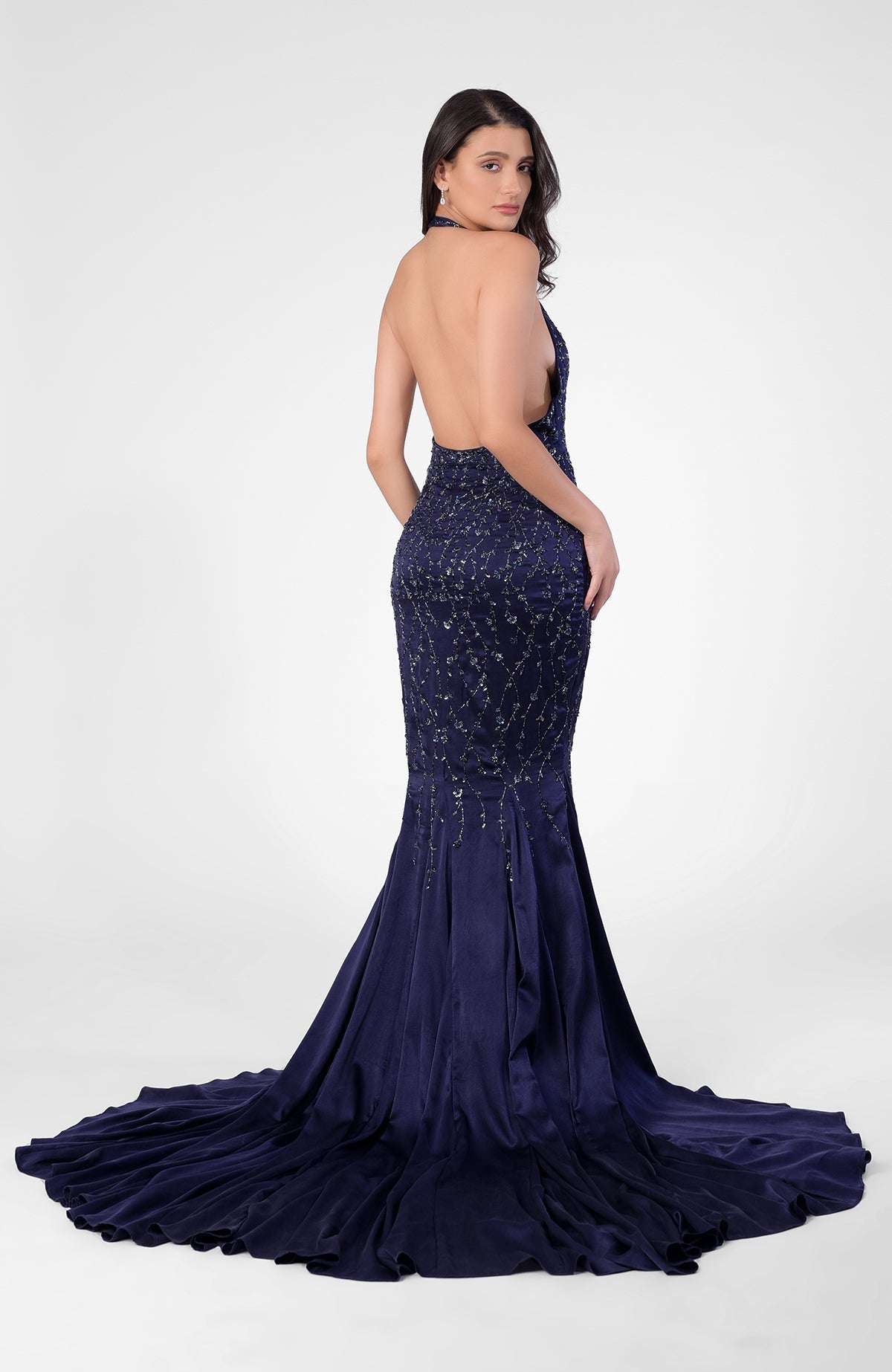 Moonlight hand-embroidered mermaid gown with deep V, open back, and detachable sheer sleeves