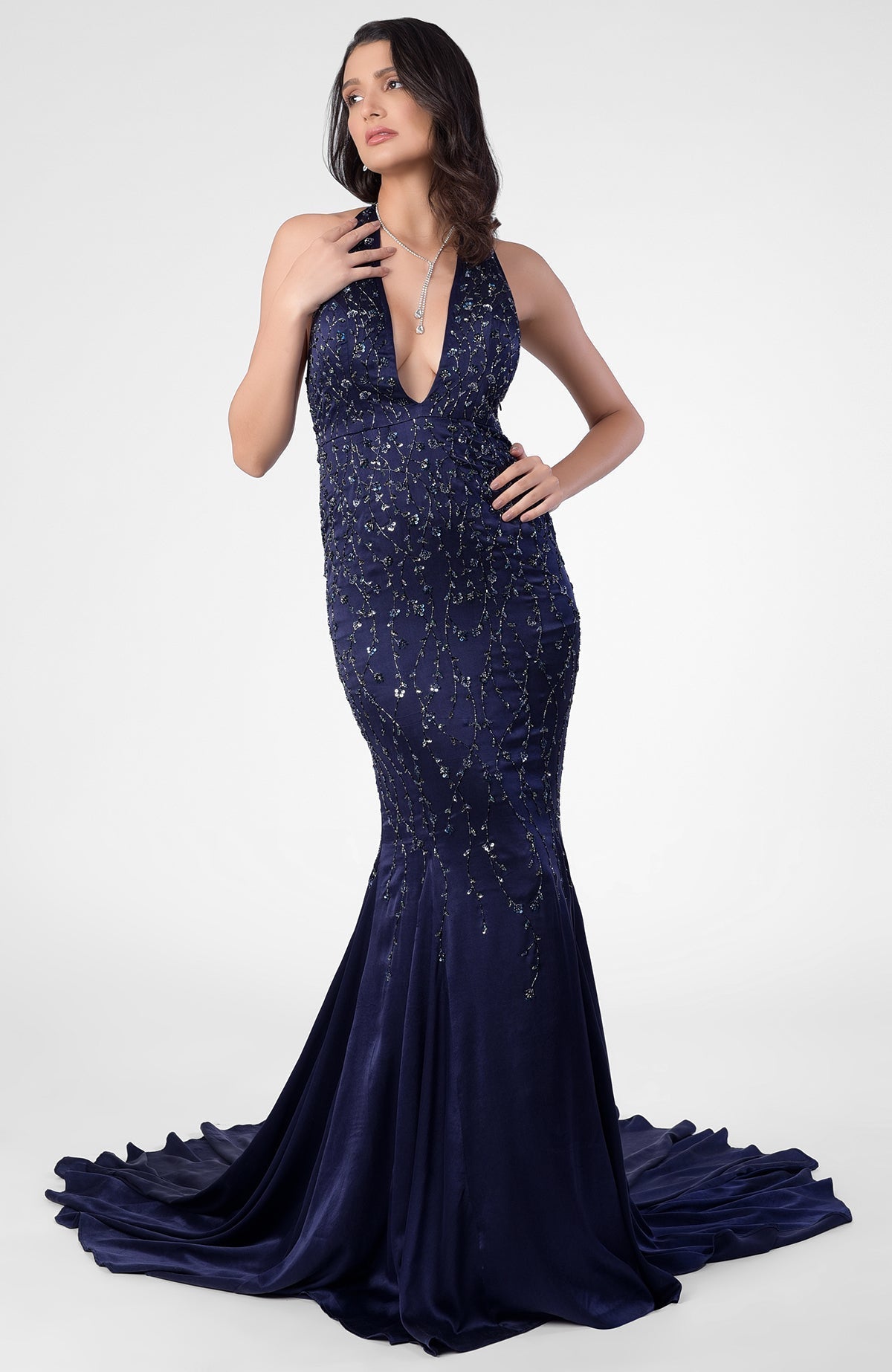 Moonlight mermaid gown with hand embroidery, detachable sheer sleeves, deep V front, and open back.