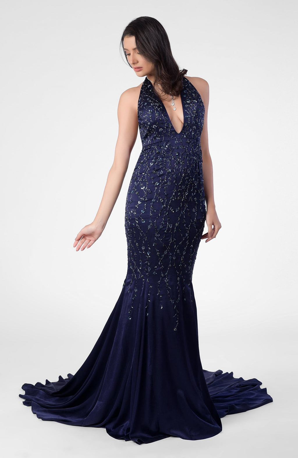Moonlight mermaid gown with hand embroidery, detachable sheer sleeves, deep V front, and open back.