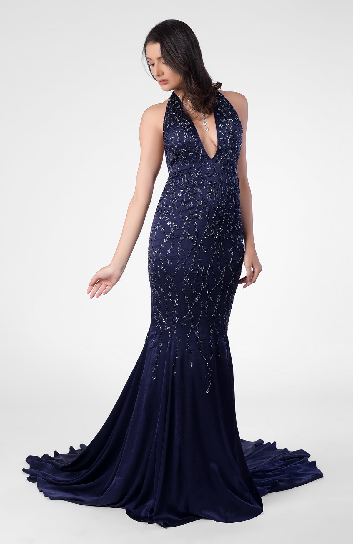 Moonlight mermaid gown with hand embroidery, detachable sheer sleeves, deep V front, and open back.