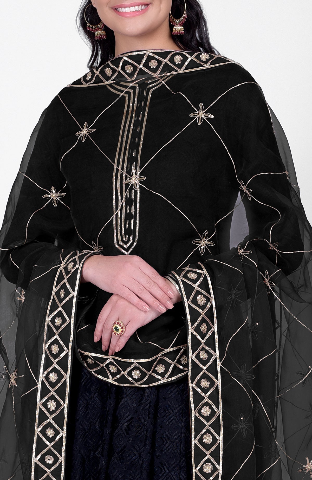 Black Phulkari embroidered Anarkali kurta with hand embroidered Gota Kasab dupatta