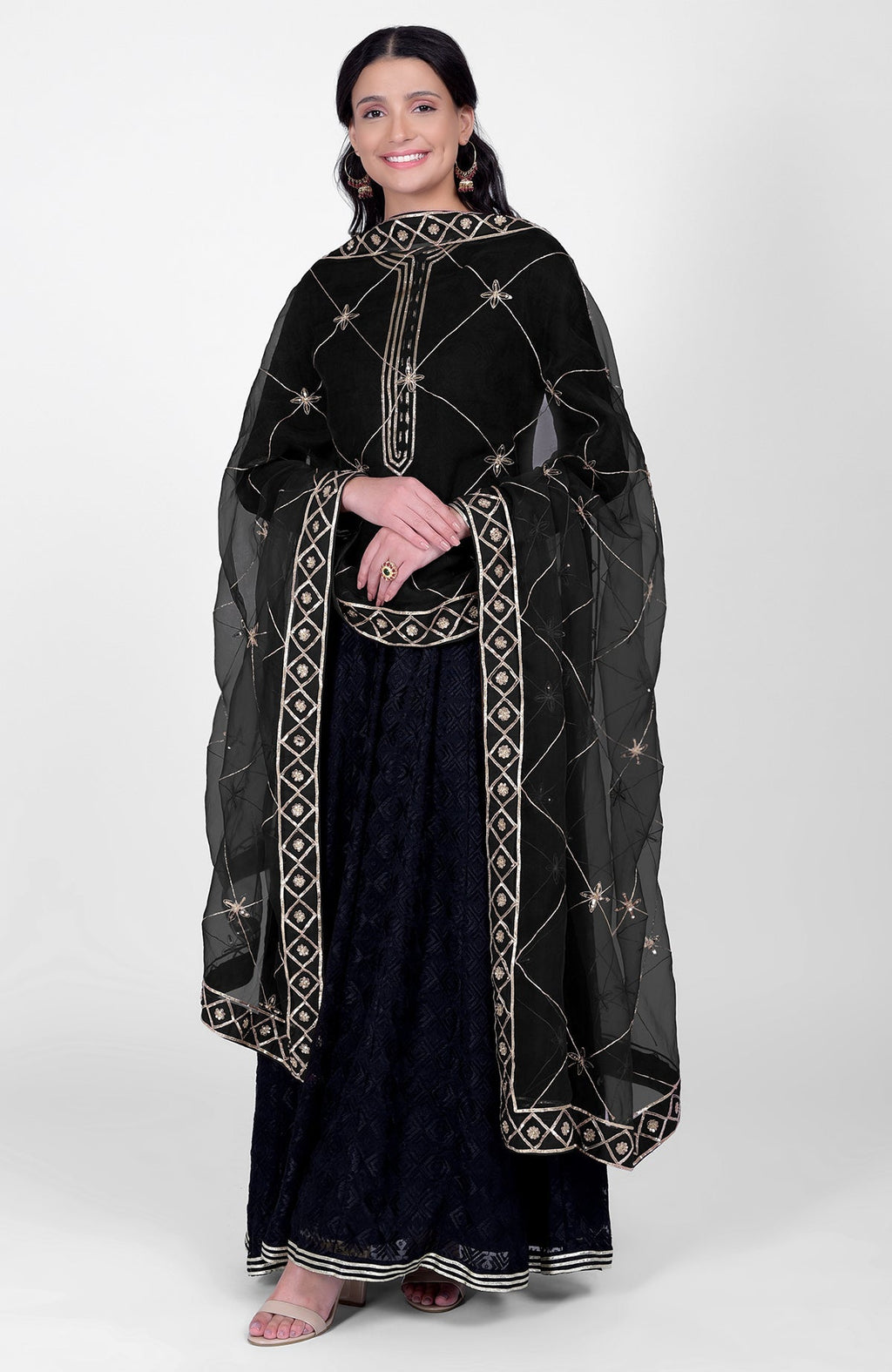Black phulkari embroidered anarkali kurta with hand embroidered gota kasab dupatta