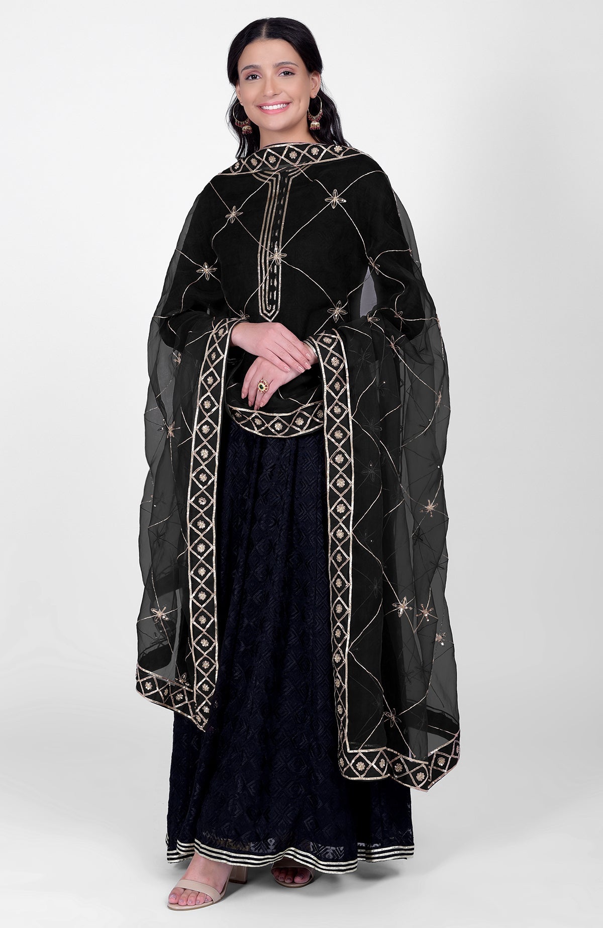 Black phulkari embroidered anarkali kurta with hand embroidered gota kasab dupatta