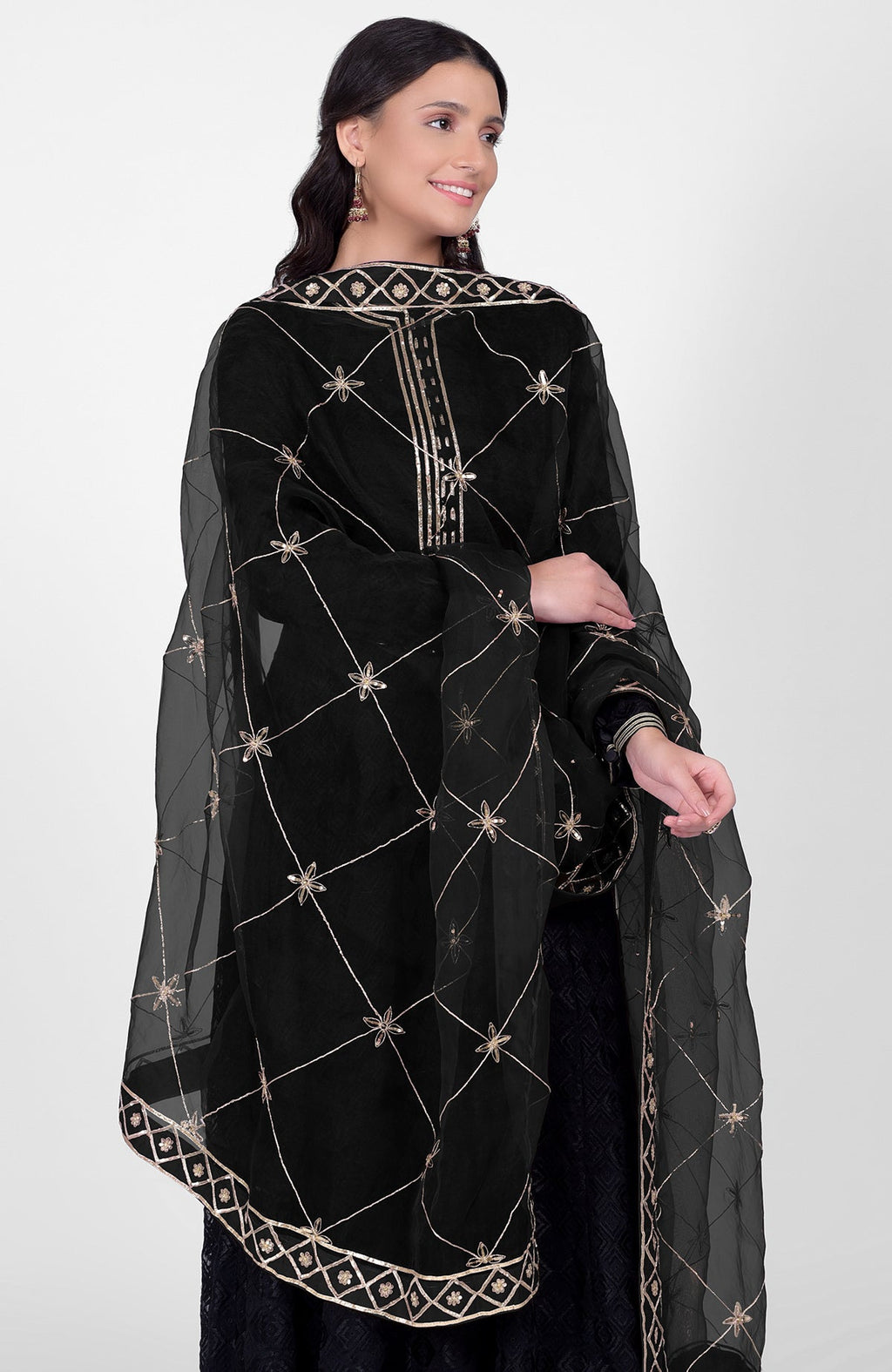 Black Phulkari embroidered Anarkali kurta with hand embroidered Gota Kasab dupatta