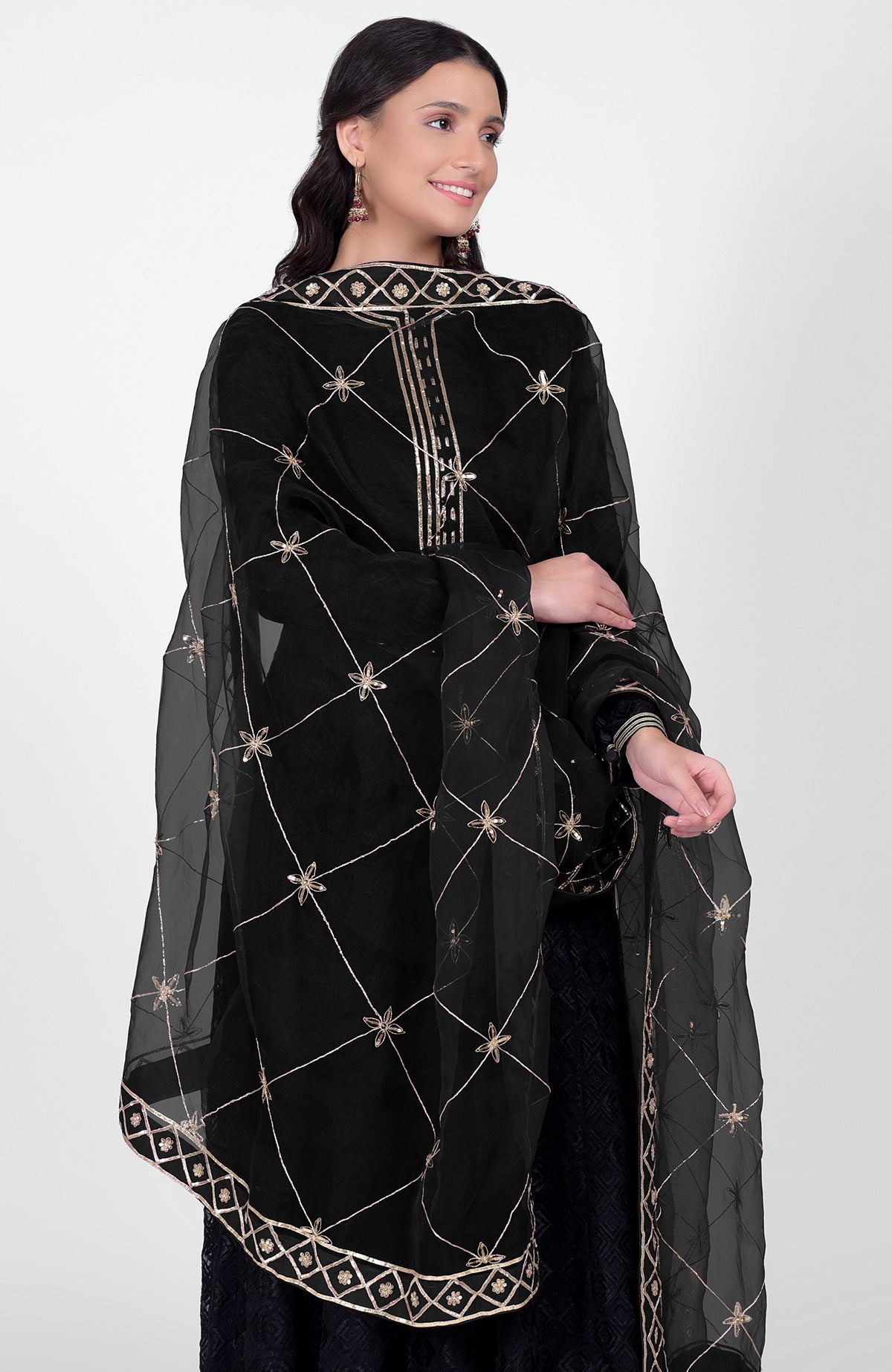 Black Phulkari embroidered Anarkali kurta with hand embroidered Gota Kasab dupatta