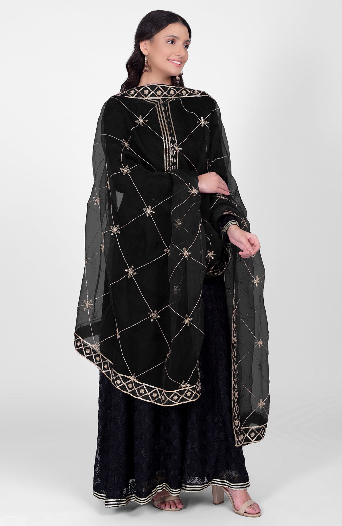 Black phulkari embroidered anarkali kurta with hand embroidered gota kasab dupatta