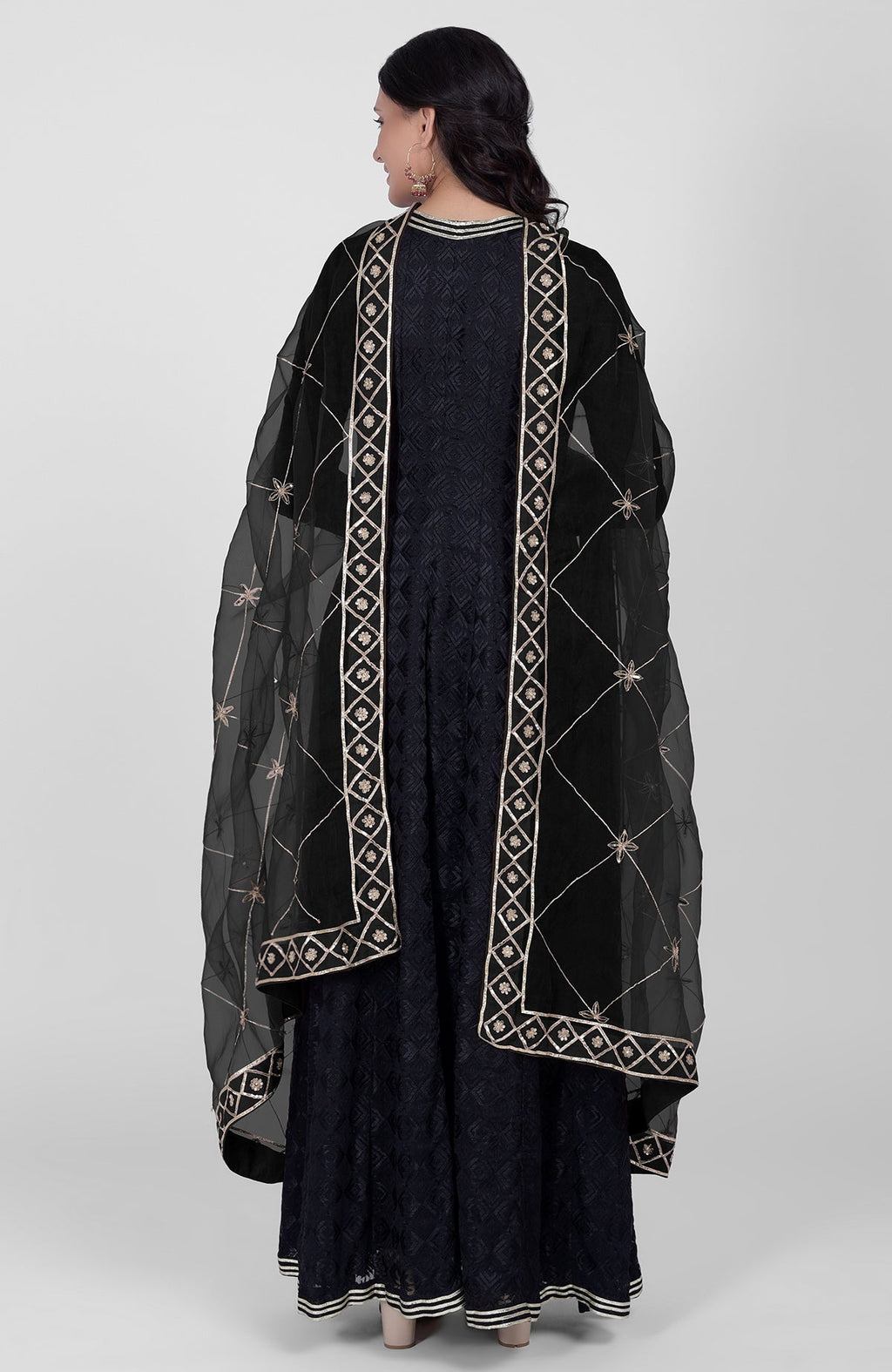 Black Phulkari embroidered Anarkali kurta with hand-embroidered Gota Kasab dupatta