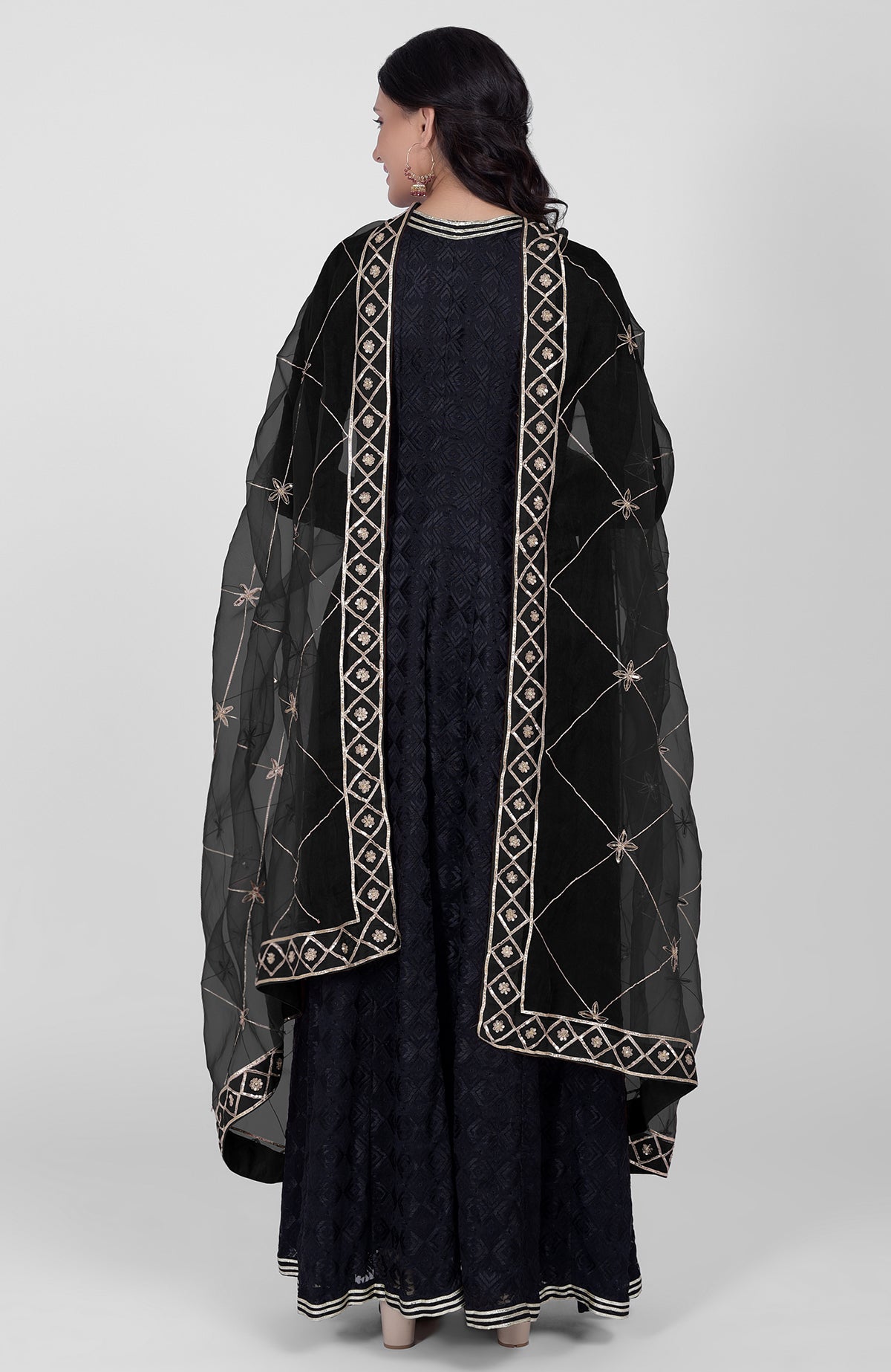 Black Phulkari embroidered Anarkali kurta with hand-embroidered Gota Kasab dupatta